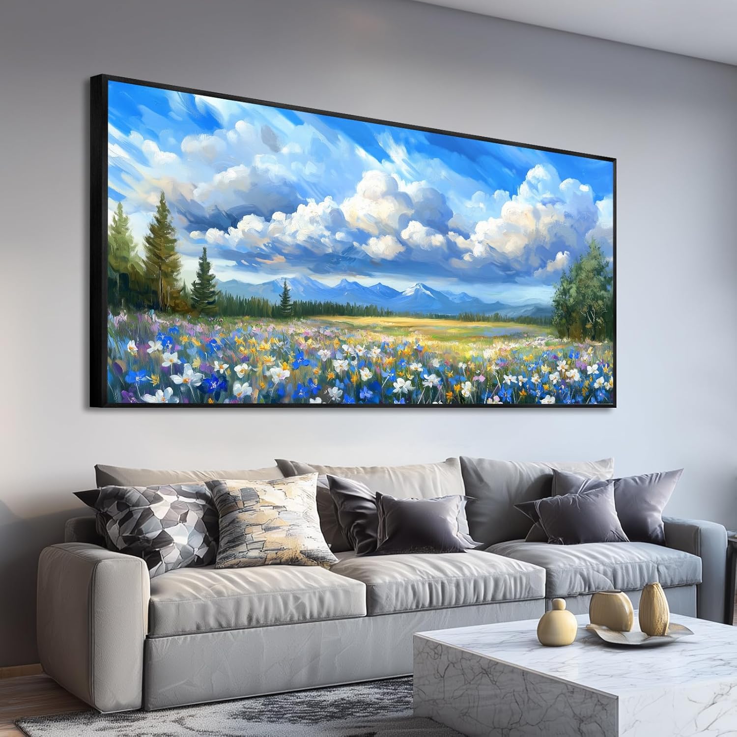 Large Framed American Flag Wildflower Wall Art for Living Room, Patriotic Flower Field Canvas Prints Paintings Artwork, Rustic Farmhouse Floral Landscape Pictures for Hallway Office Wall Decor 16"x30"