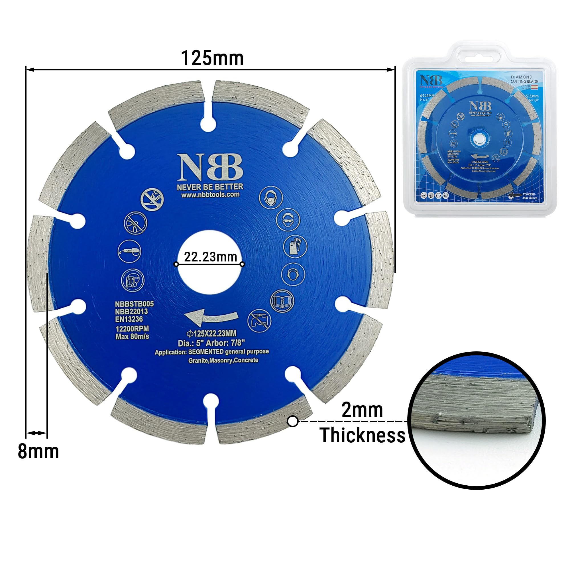NBB Diamond Cutting Disc with 8mm Segment Durable Universal Diamond Disc Dry Cutting for Marble Granite Brick Ceramic Concrete Stone for General Purpose(1,125x22.23mm) - Image 2