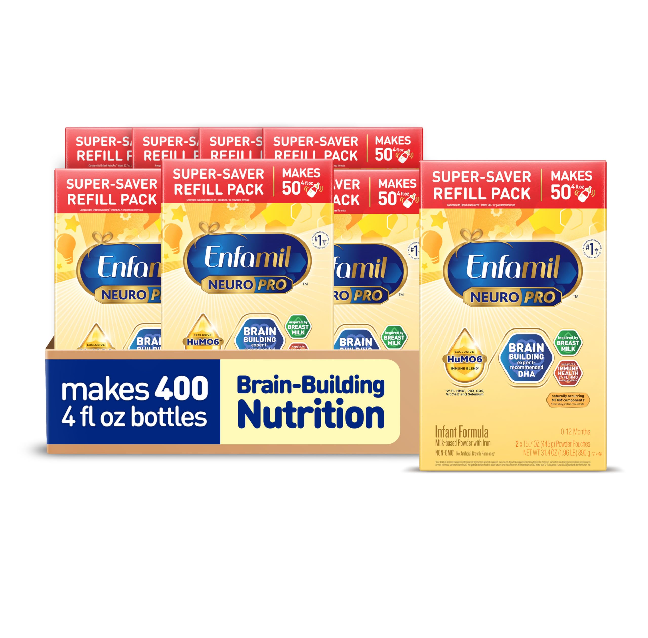 EnfamilNeuroPro Baby Formula, Infant Formula Nutrition, Triple Prebiotic Immune Blend, 2'FL HMO, & Expert-Recommended Omega-3 DHA, Perfect Choice for Baby Milk, Non-GMO, Refill Box, 31.4 Ounces (Pack of 8)