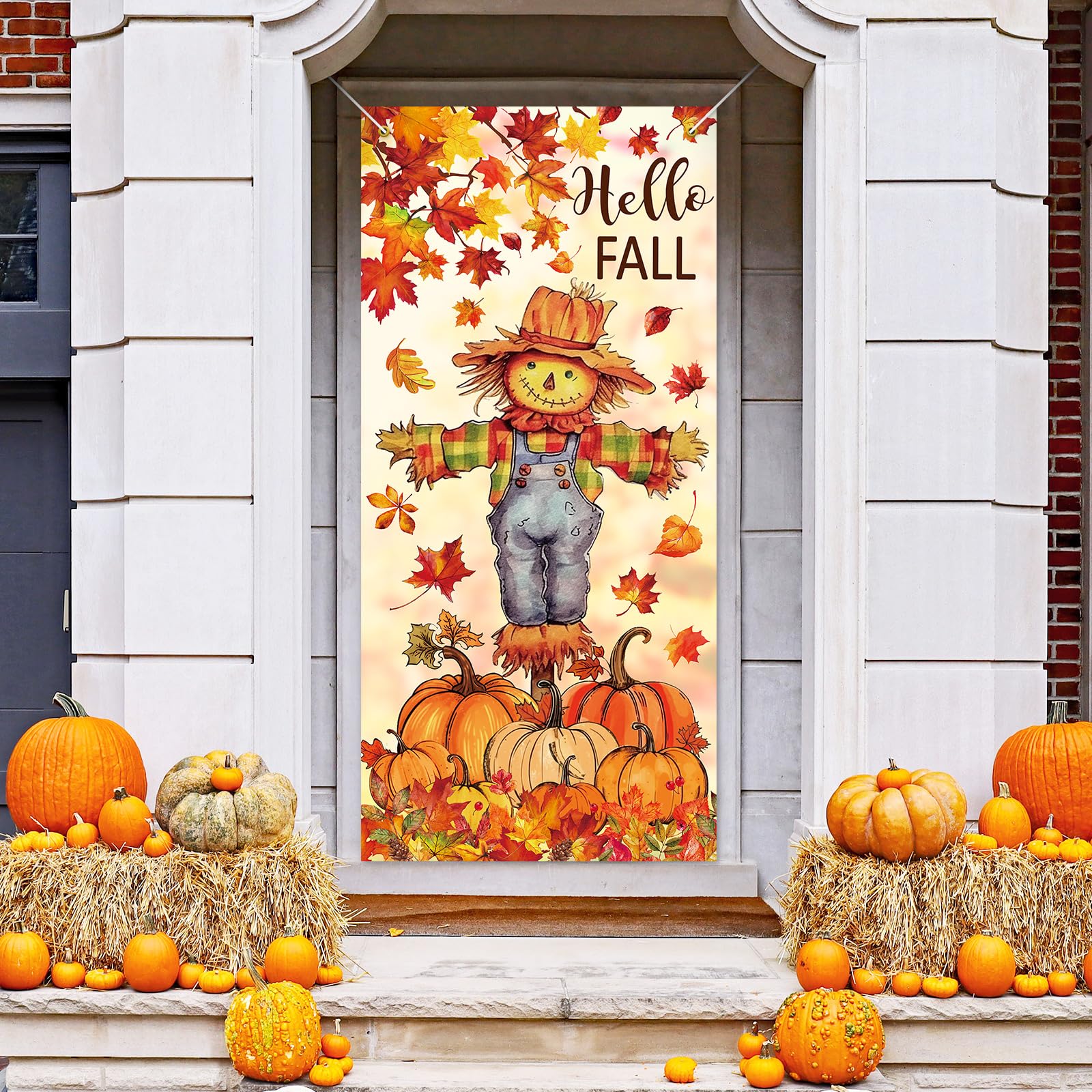 Herbst-Türbanner mit Vogelscheuche und Kürbisblättern, 80 x 170 cm, hängende Banner, Herbst-Foto-Hintergrund für Thanksgiving