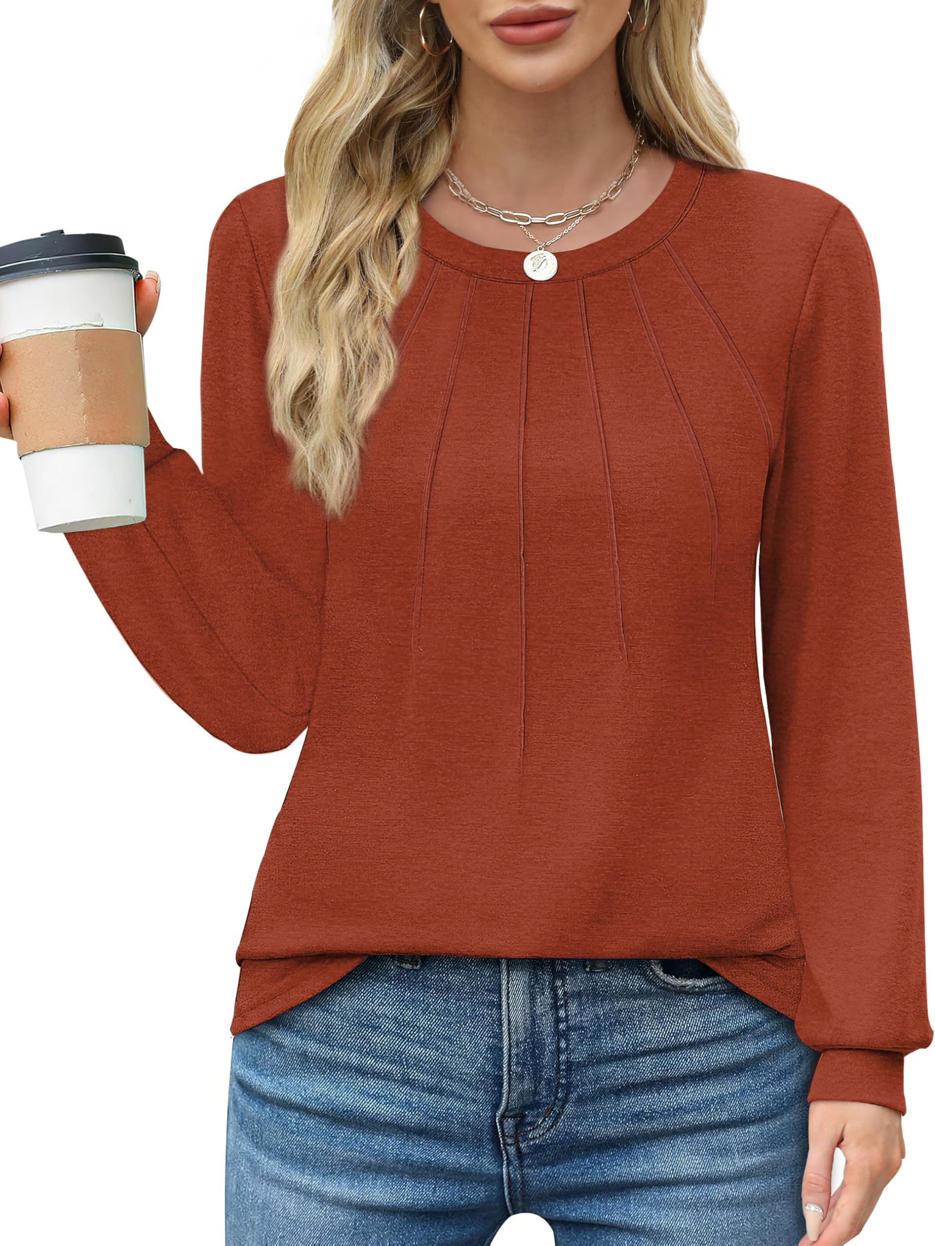 WIHOLLWomens Tunic Tops Loose Fit Long Sleeve Pleated Shirts Crewneck Tops