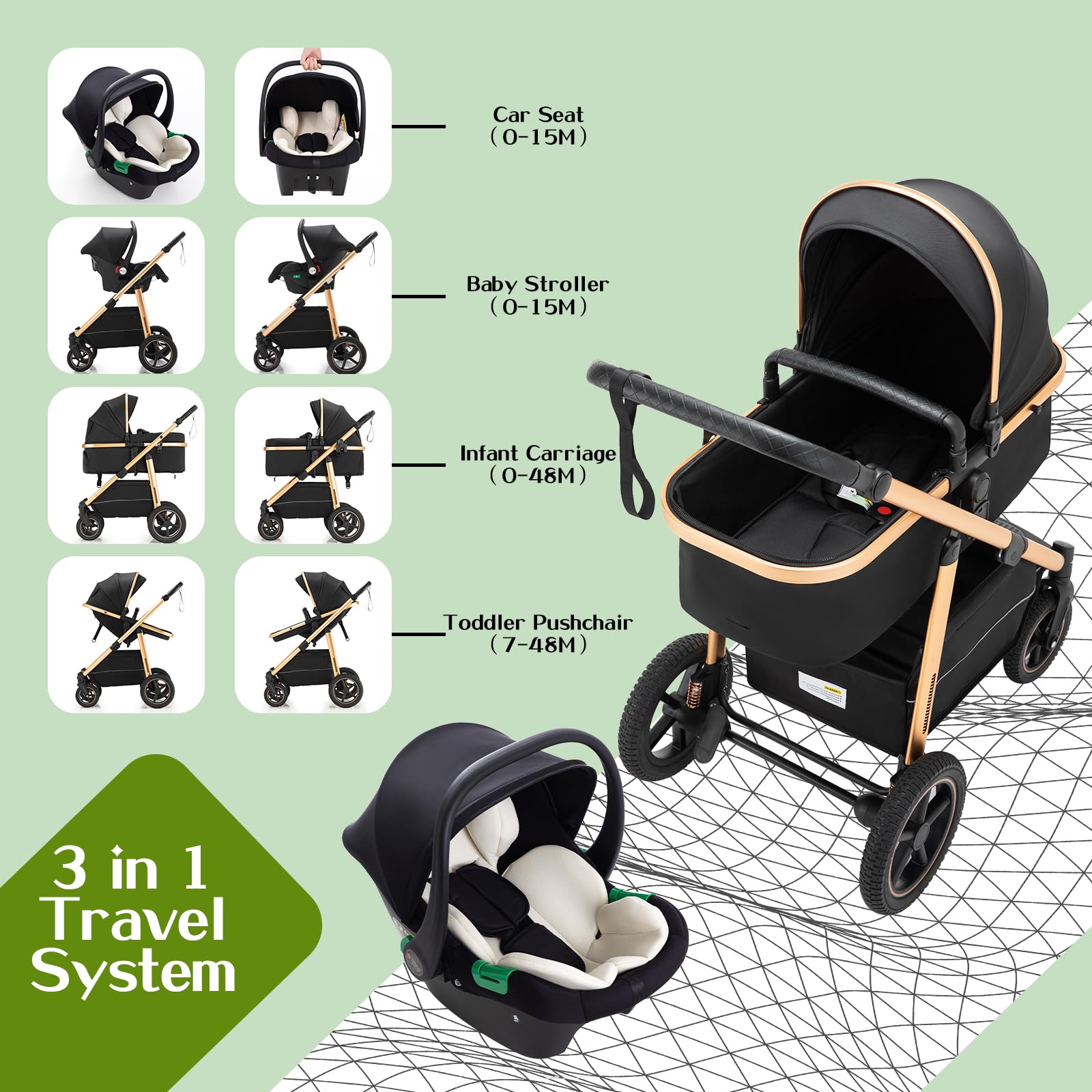 3-in-1 Buggy Kinderwagen Klappbar mit Babyschale, Höhenverstellbarem Griff, Aluminium-Rahmen, Moskitonetz, für 0-4 Jahre