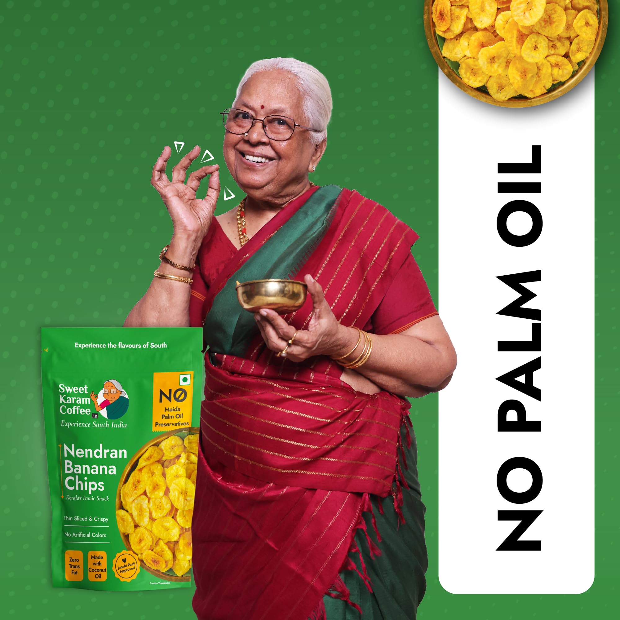Sweet Karam Coffee Nendran Banana Chips β 95 grams | Made with 100% Coconut Oil | No Preservatives | Kerala Special Crispy, Thin Sliced Yellow Plantain Wafers | Healthy Tea Time Snack 1