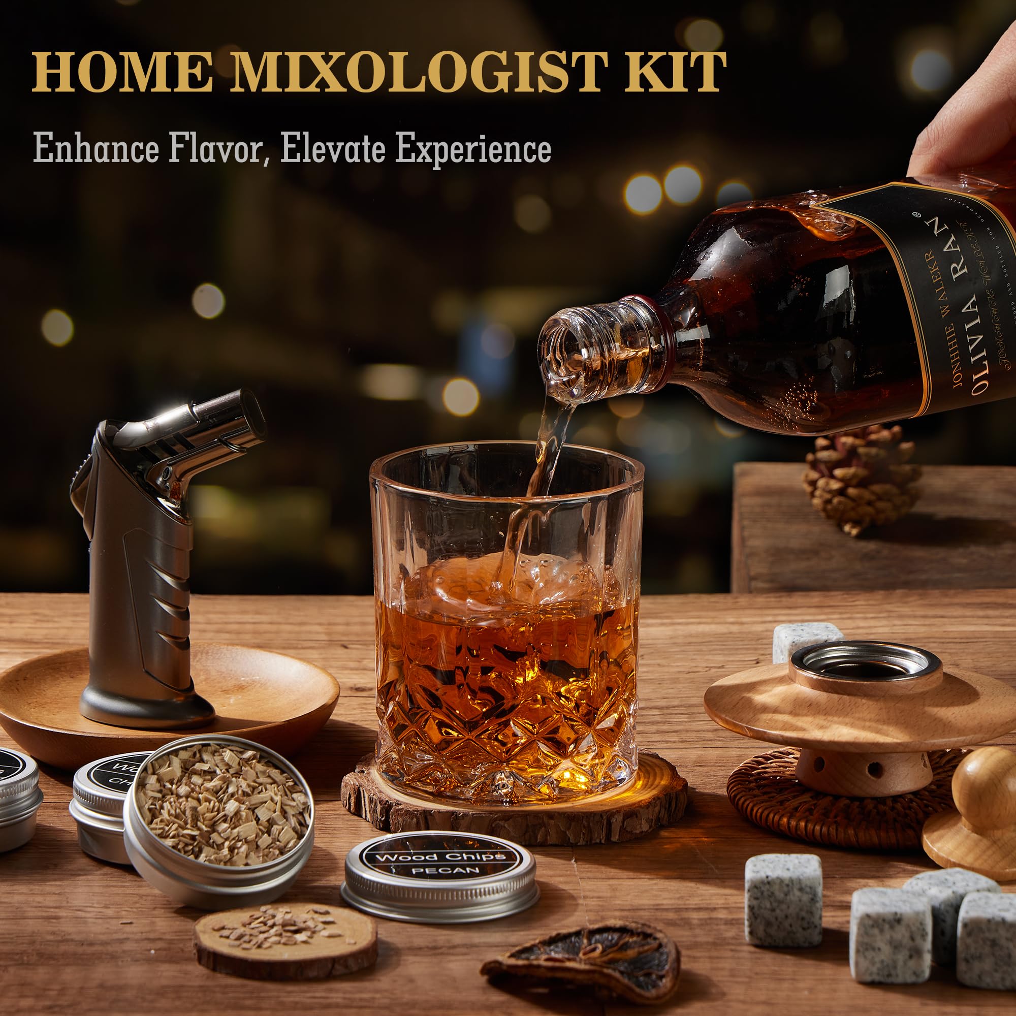 Zestaw do koktajli smoker – zestaw do wędzenia whisky 2025 z 6 drewnianymi chipsami, łatwy do czyszczenia i wydajny, Old Fashioned do whisky, bourbona i koktajli, prezent dla mężczyzn (bez