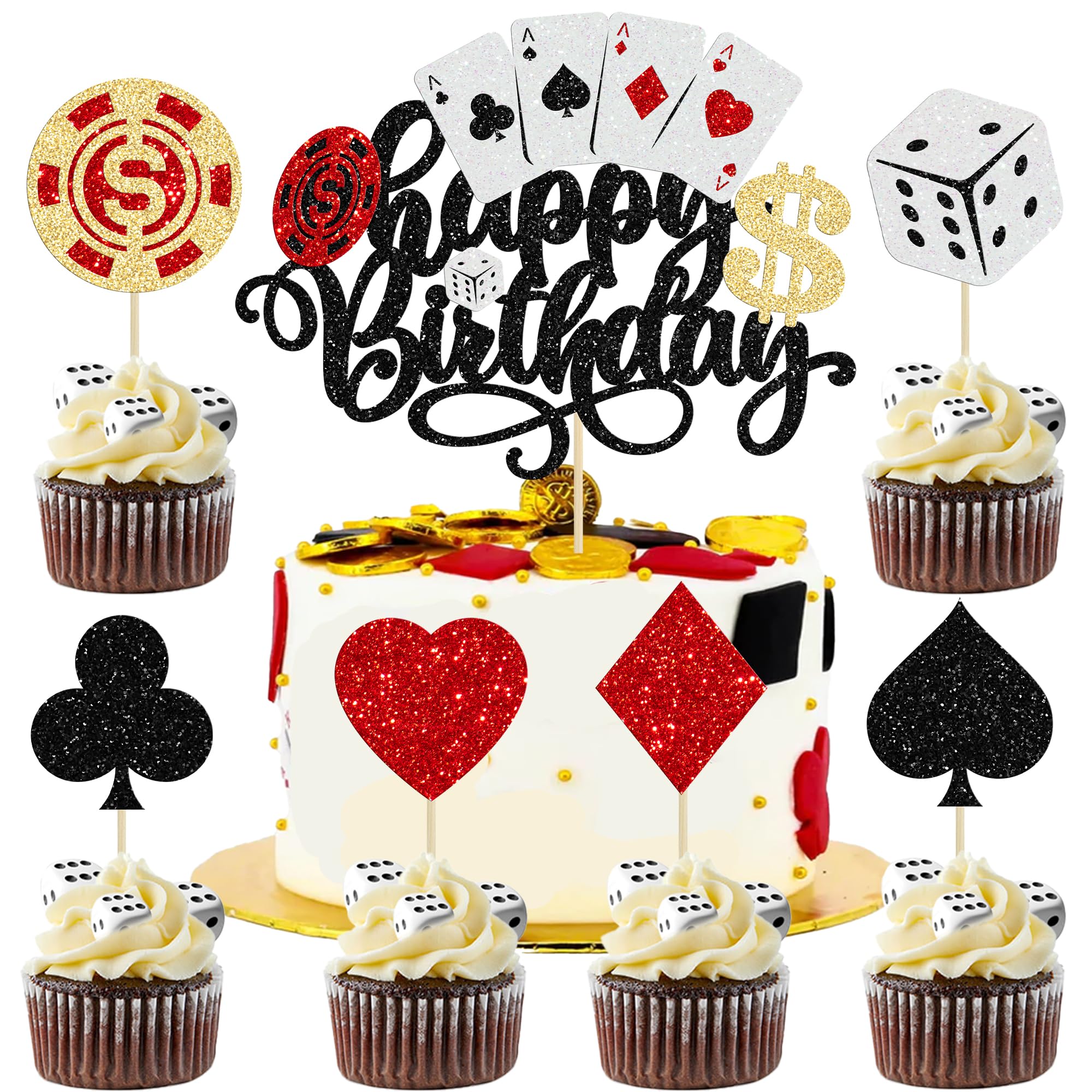 Ephlyn 25Pcs Casino Cupcake Topper Cupcake Toppers Casino Happy Birthday Cake Topper Poker Game Chips Player Gambling Cupcake Picks for Las Vegas Casino Night Theme Birthday Party