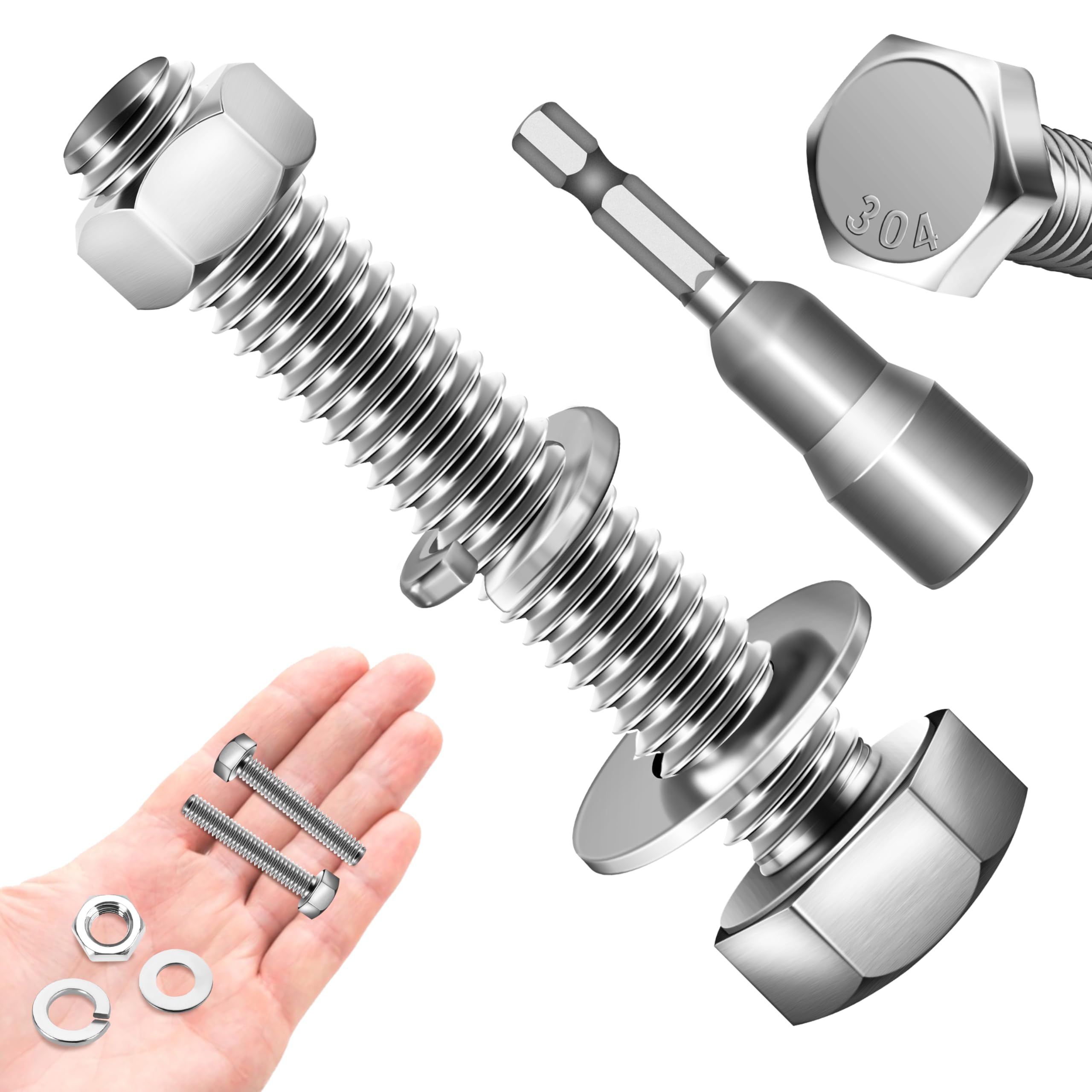 (12 Sets) 1/4-20 Bolt, 1/4-20 x 1-3/4" Hex Head Screws Bolts and Nuts Kit with 1/4-20 Nuts, Flat & Lock Washers, Fully Threaded, 1/4 20 Stainless