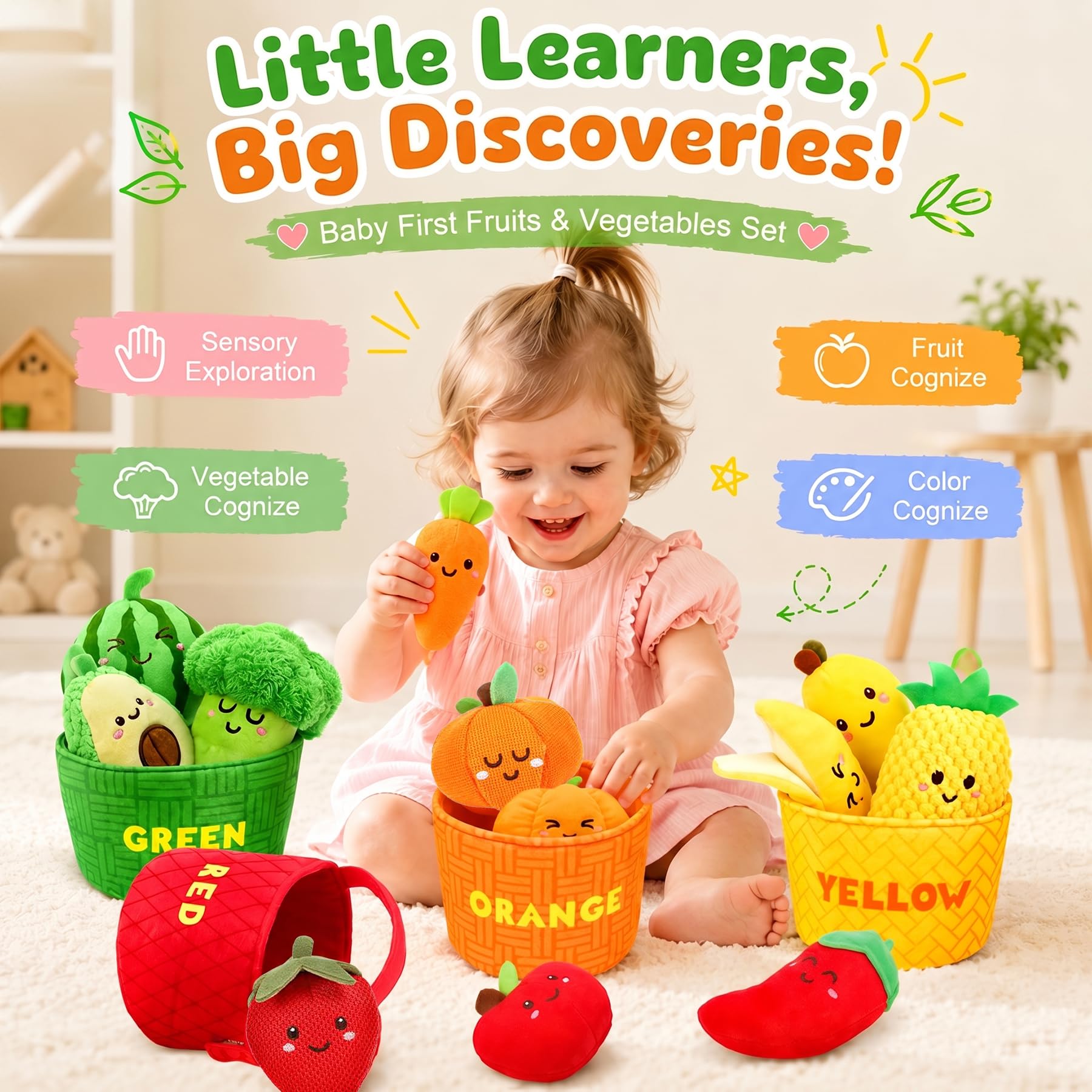 Sensory Toys für Babys, 6–12 Monate, Montessori-Spielzeug für Kleinkinder, 16 Stück, weiches Plüsch, Obst und Gemüse mit Knistern, Rassel und Farbsortierung, feinmotorisches Lernspielzeug, Geschenk