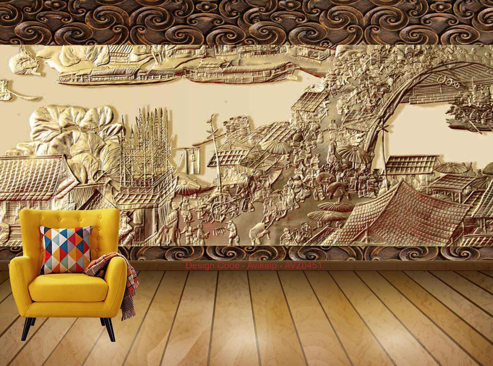 Avikalp Exclusive AVZ0451 Golden Relief Qingming Shanghe Map Chinese Characteristic Culture Background Wall HD 3D Wall Sticker(152cm x 91cm)