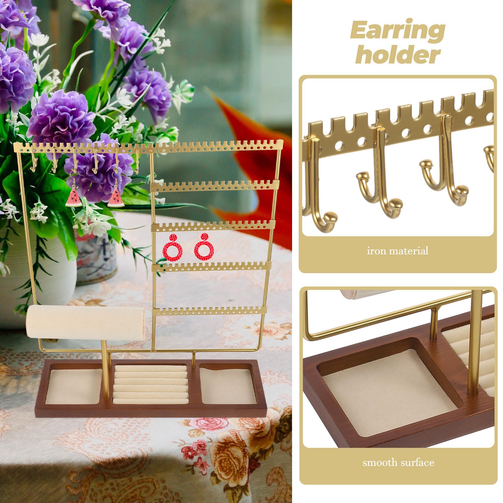 minkissy Organizador de Joyas de Mesa Multiusos en Hierro Dorado Varios Niveles para Collares, Pendientes y Anillos, Soporte Elegante y Funcional para Exhibición