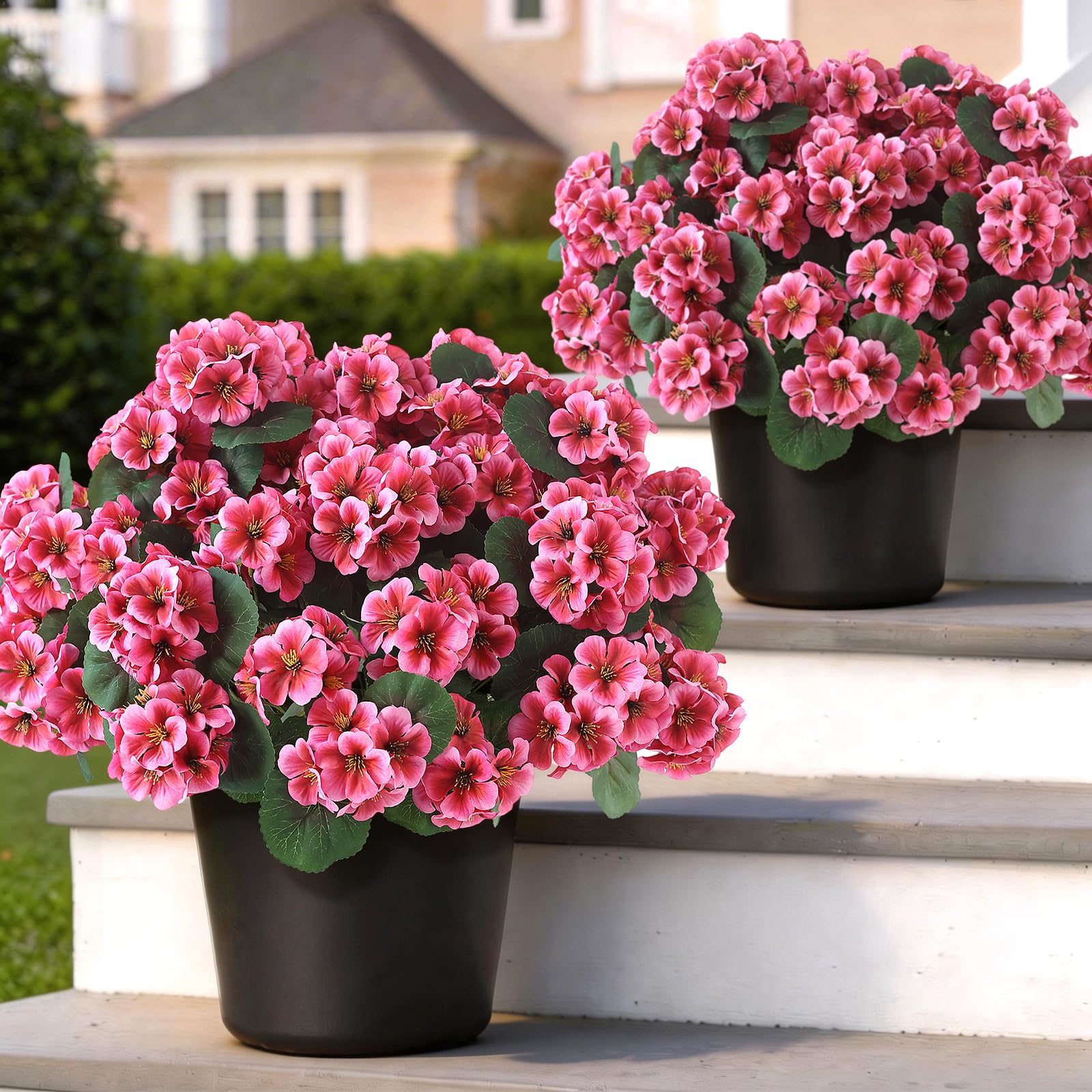 Photo 1 of 2 Pack Artificial Geranium Flowers Topitary Trees for Outdoors, UV Resistant Geraniums Potted Bushes Look Real Silk Faux Plants for Front Door Garden Porch Planter Farmhouse Home Decor (Peach Red)