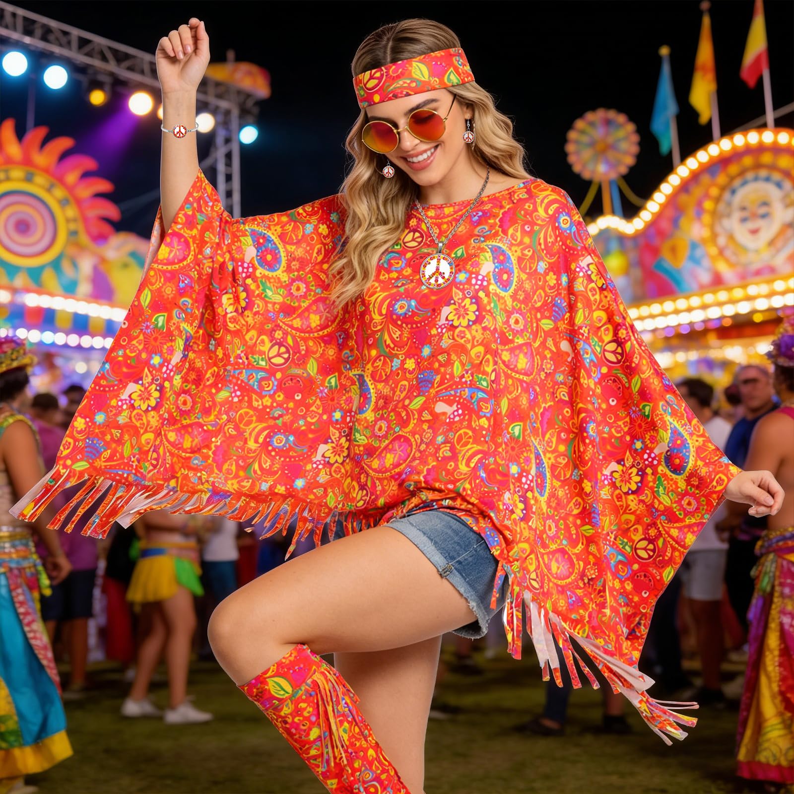 Hippie Kostüm Damen Set, Faschingskostüme Damen, 70er Jahre Outfit Damen mit Hippie Umhang, Bunter Umhängetasche, Sonnenbrille, 60er 70er Jahre Disko Kostüm Kleidung für Karneval Party