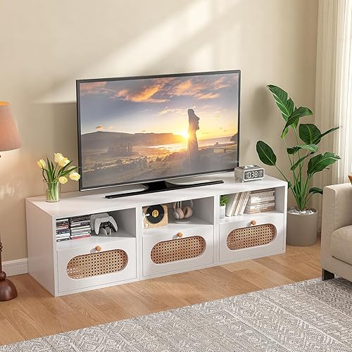 Miniatura 5 de FurniNova Soporte modular 3 en 1 para TV con puertas de ratán, consola multimedia para bricolaje, centro de entretenimiento bohemio, gabinete de TV