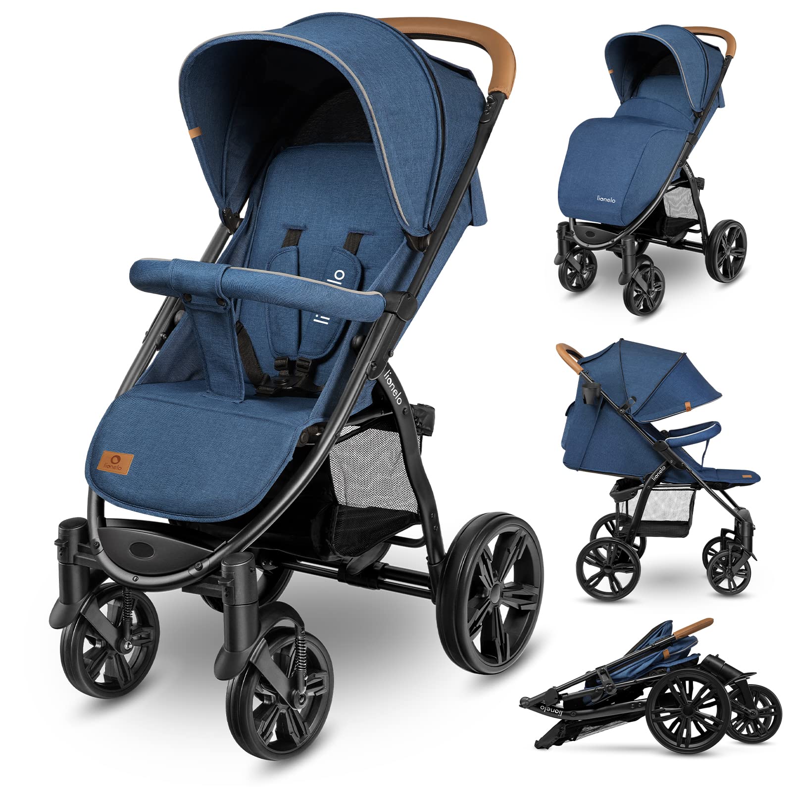 Lionelo Annet passeggino leggero pieghevole per bambini fino 48mesi o 22kg, regorabile, con posizione sdraiata, Ruote EVA 28cm Cappottina XXL Zanzariera Coprigambe Portabibite BLUE PLUS
