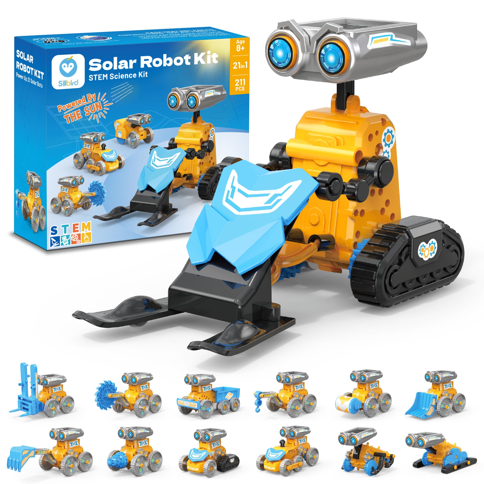 Sillbird 21 en 1 Kit Solar Robot, Stem Kit de Montaje Robótico Accionamiento Dual Solar y de Batería, Navideños Cumpleaños Juguetes Niños 8 9 10 11 12 13 Años (211Piezas)