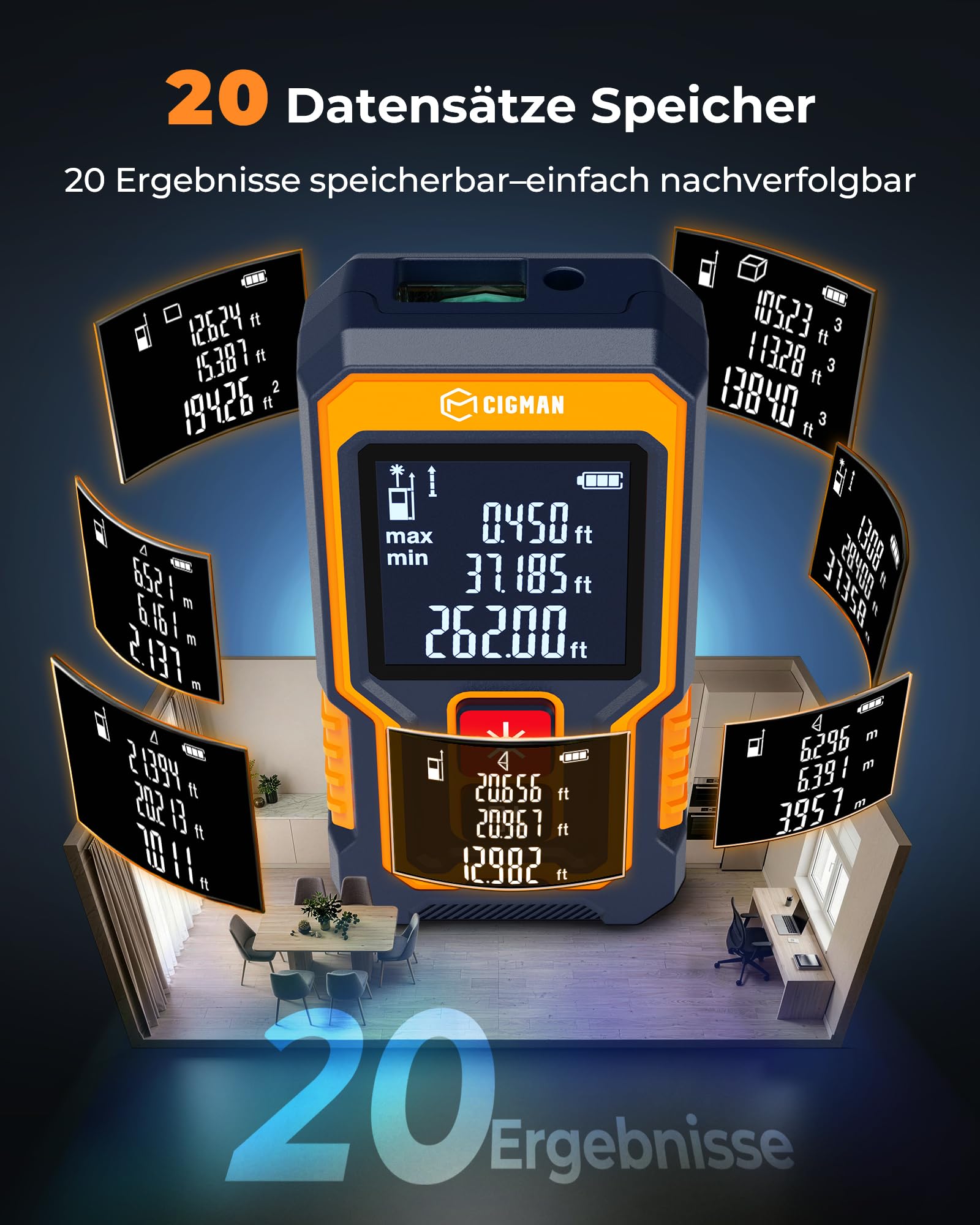 80 m Laser-Entfernungsmesser, CIGMAN Digitales Lasermessgerät mit hoher Genauigkeit, Mini Lasermessgerät mit wiederaufladbarer Batterie und LCD zur Messung von Entfernung/Fläche/Volumen/Pythagoras