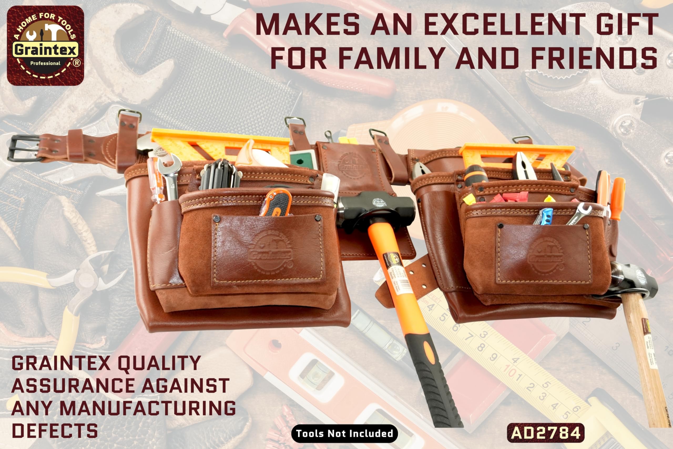 GRAINTEX AD2784 - Cinturón de herramientas de 4 piezas, 17 bolsillos, serie Ambassador, color marrón castaño, cuero granulado