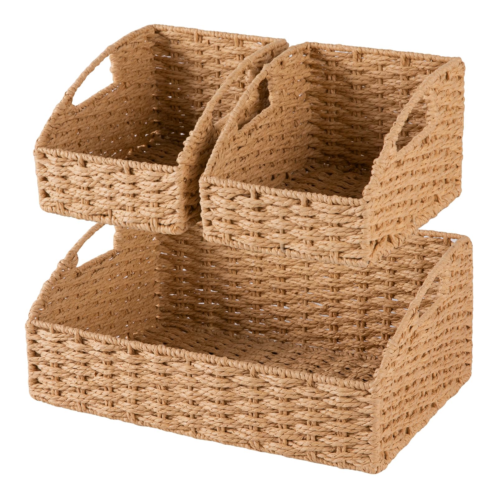 OIAHOMY Pantry Baskets for Organizing, Paper Rope Baskets with Built-in Handles, Wicker Storage Baskets for Shelves, 3 Pack-Yellow