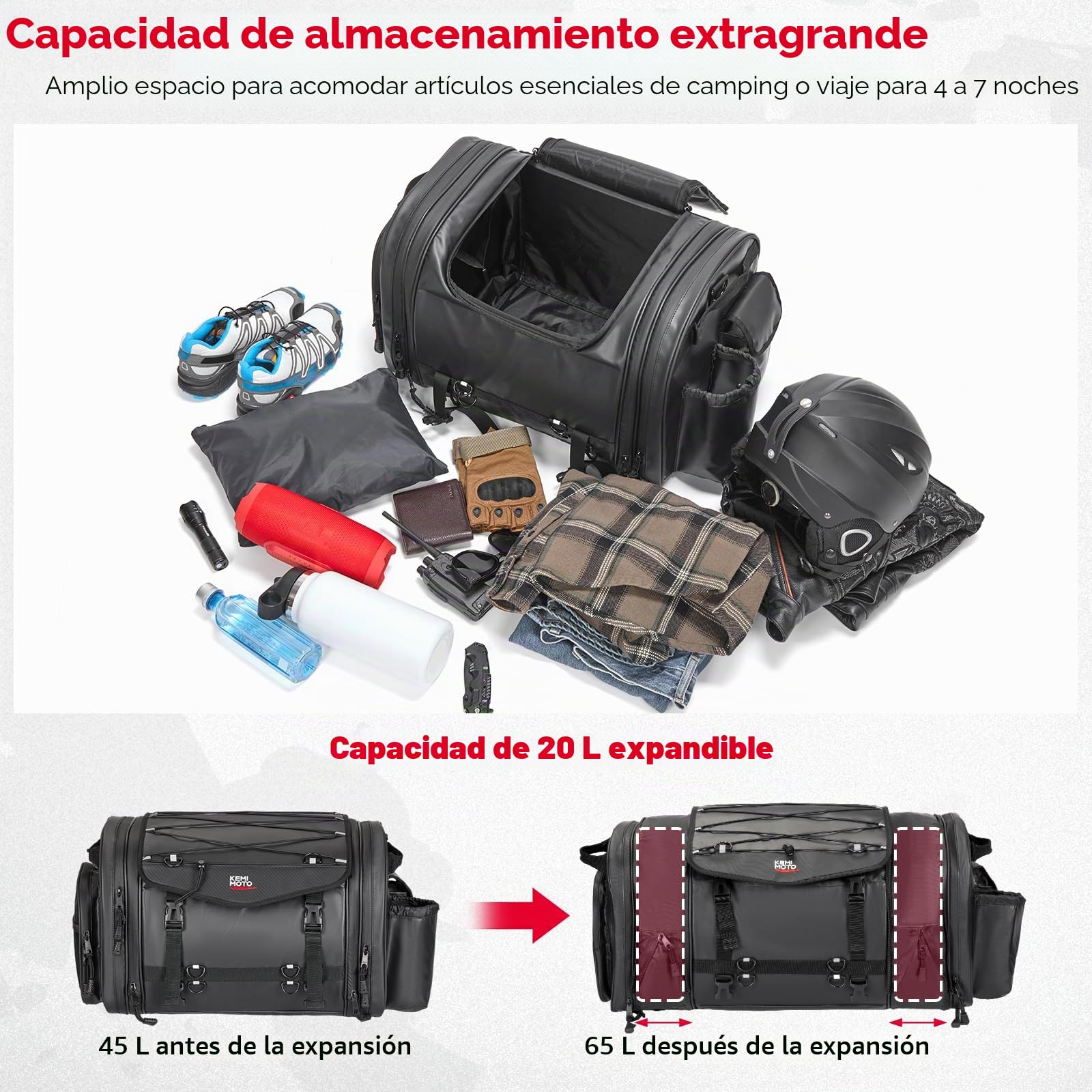 KEMIMOTO Trasera Alforjas Motocicleta Impermeable de 45 a 65L, Sillín Expandible y Bolsas Portaequipajes con Funda para Lluvia, Gran Capacidad Compatible con Universales Moto
