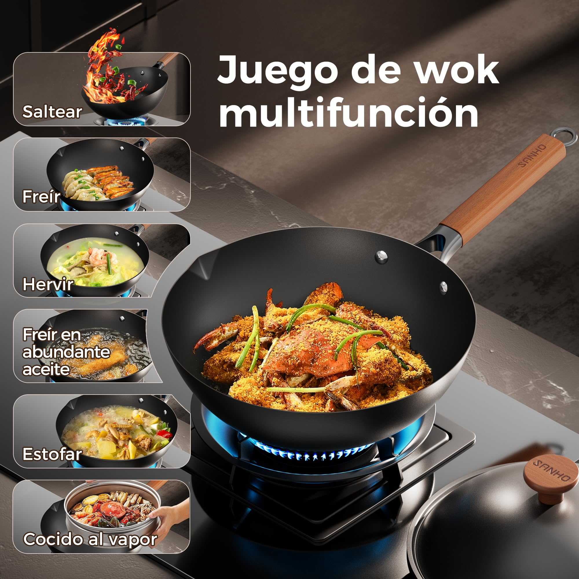 Sanho Wok antiadherente de 30 cm con tapa, sartén wok de inducción sin revestimiento químico y gran capacidad para 3-5 personas, fondo plano, adecuado para inducción, cocinas eléctricas y de gas