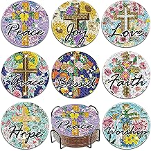 8 Pcs Christian Diamond Art Painting Coasters Kits with Holder, DIY Religious Cross Diamond Art Coasters Coasters with Cork Base, for Adults Beginners Crafts Kits