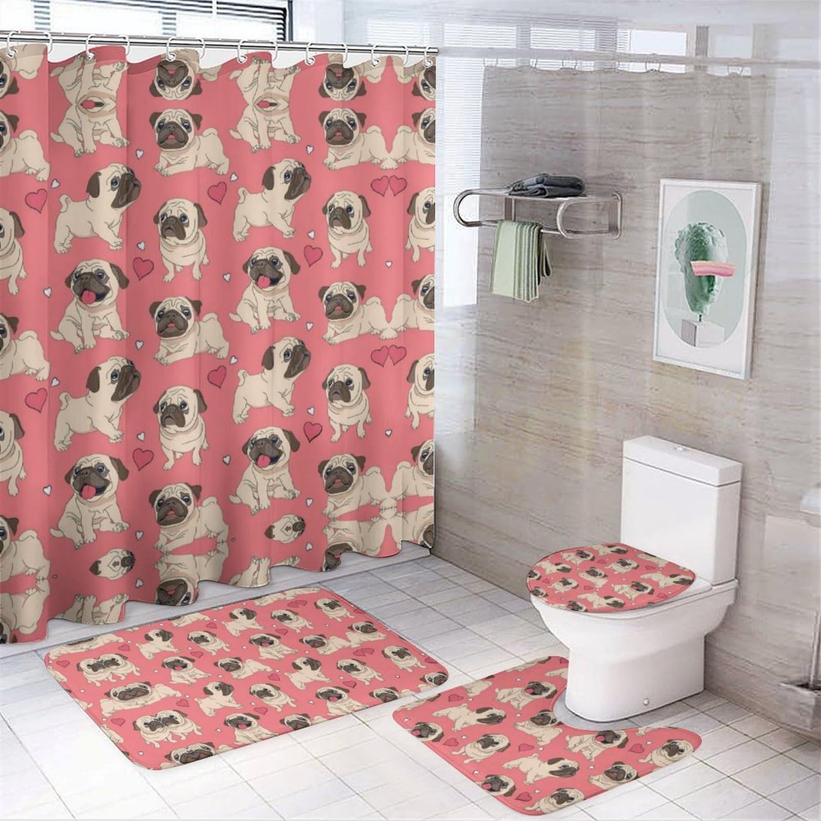 JZemdybill Bathroom Mat Set 4 Piece, Pug And Pink Background Shower Curtain with Non-Slip Bath Mats for Bathroom