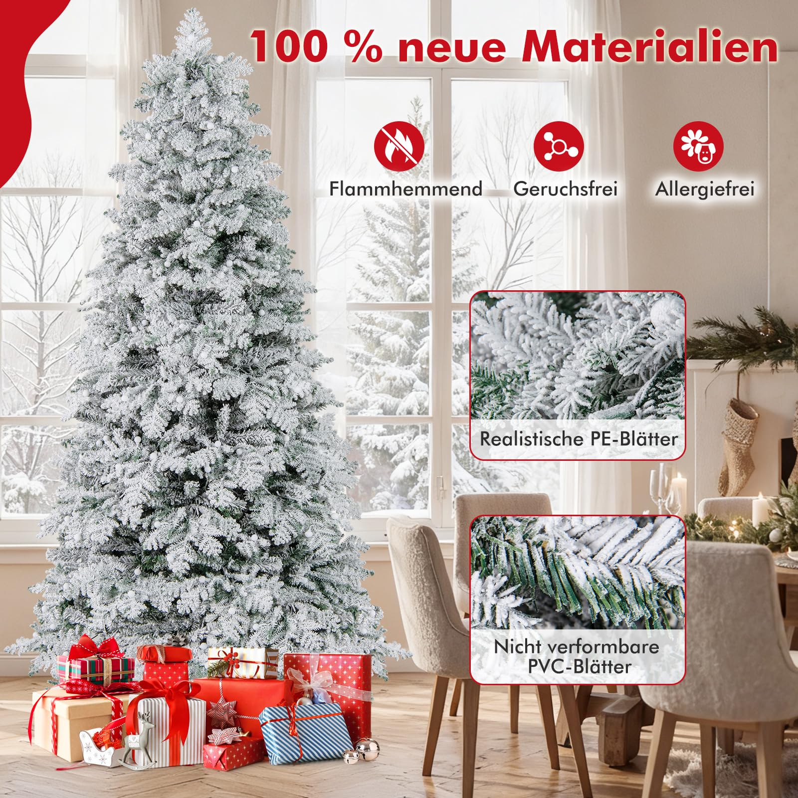 COSTWAY 210 cm Künstlicher Weihnachtsbaum mit Beleuchtung und Schnee, Tannenbaum mit 160 funkelnden Kugeln, warmweißen LED-Lichtern, 8 Lichtmodi & Metallständer, Christbaum, Kunstbaum Weihnachten