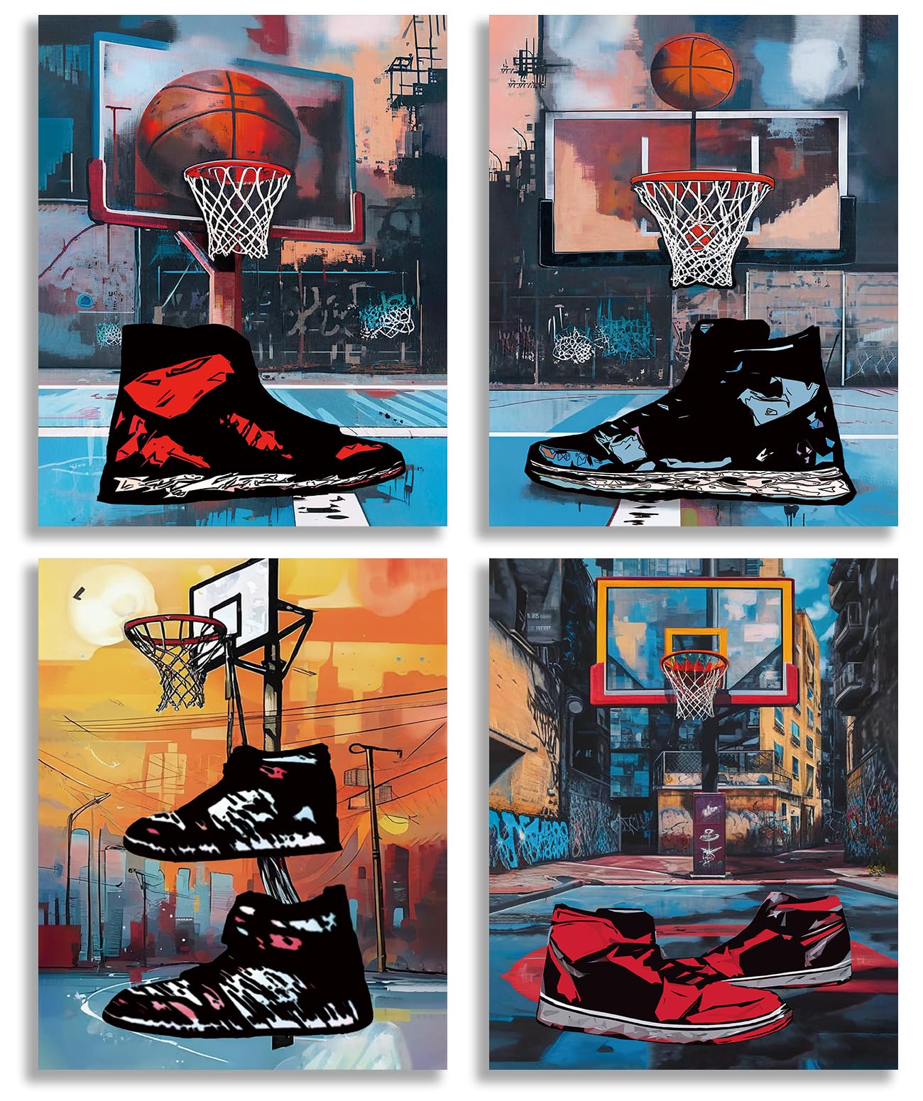 TOCDGOO Street Basketball Canvas Wall Art, 4-Piece Abstract Graffiti Sneakers and Hoops Prints, Inspirational Modern Sports Theme Home Decor, 8x10 Inches Unframed