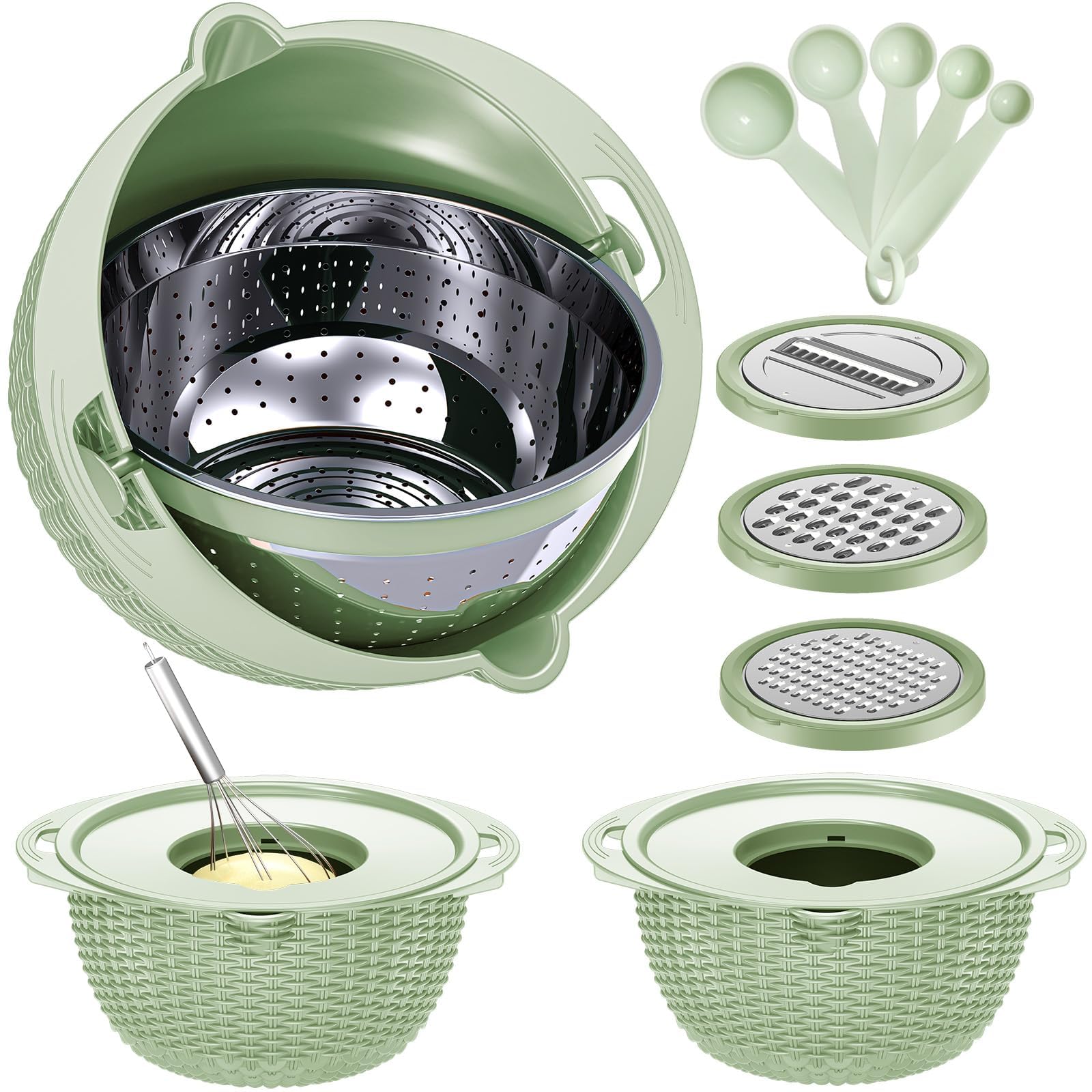 4-1 Strainer Bowl with Lid Set - Strainers and Colanders - Colanders for kitchen - Food Strainer with Graters & Spoons - Fruit Washing Bowl with Colander Pasta Rice Strainer for Veggie Wash Green