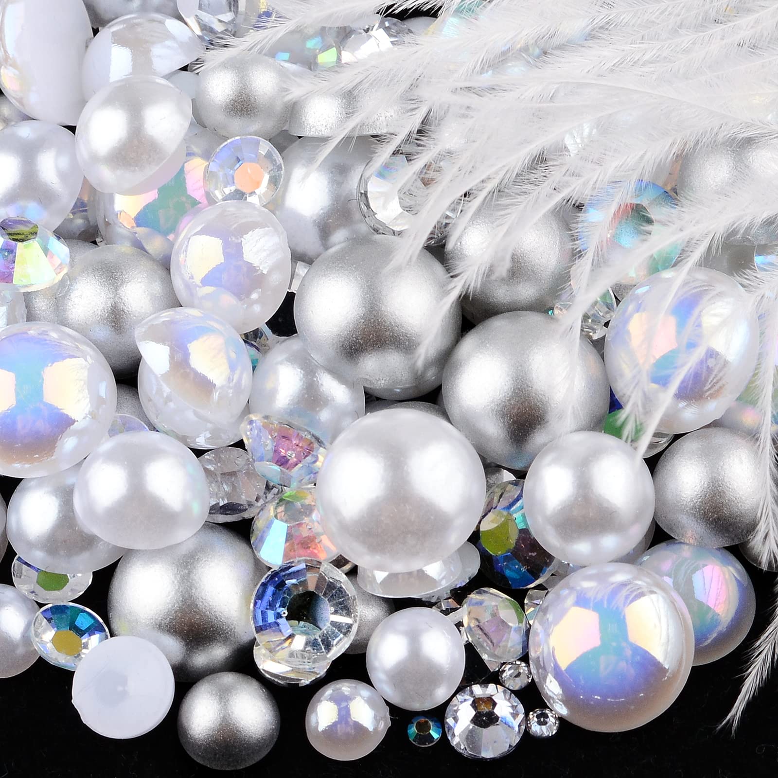 75 g Mieszanka żywicy z perłami kryształowymi, 3-10 mm połowa pereł i 2-6 mm płaskie cyrkonie do zdobienia paznokci buty ubrania kubki, scrapbooking, rękodzieło (białe)
