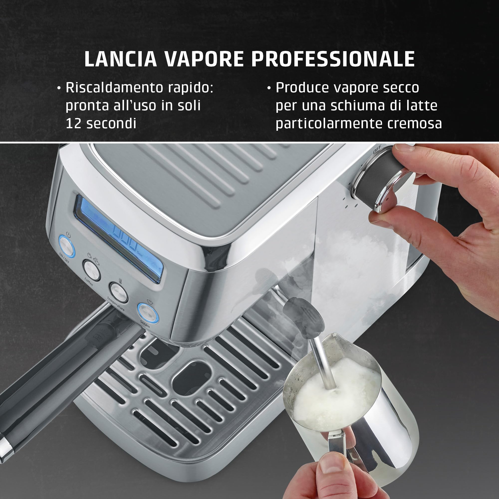 CASO Espresso Gourmet Crema - Macchina per il trasporto del colino con montalatte, espresso, cappuccino, portafiltro in acciaio inox, pompa ULKA, macchina da caffè in polvere, ESE Pads