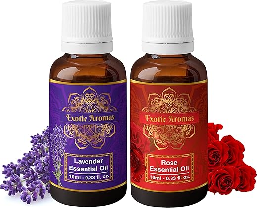 Exotic Aromas Lavender Essential Oil & Rose Oil, Pack of 2
