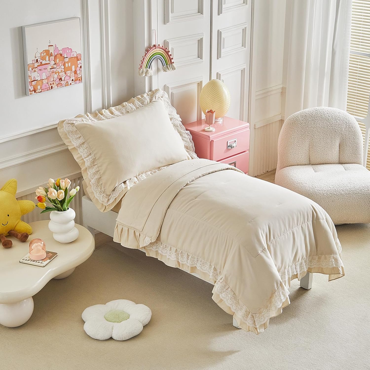 Ruffled Lace Toddler Bedding Set with Ruffle Fringe, Solid Color 4 Pieces Toddler Bed Set - 1 Cute Baby Comforter + 1 Fitted Sheet +1 Flat Sheet +1 Pillowcase for Baby Boys and Girls Cream White Beige