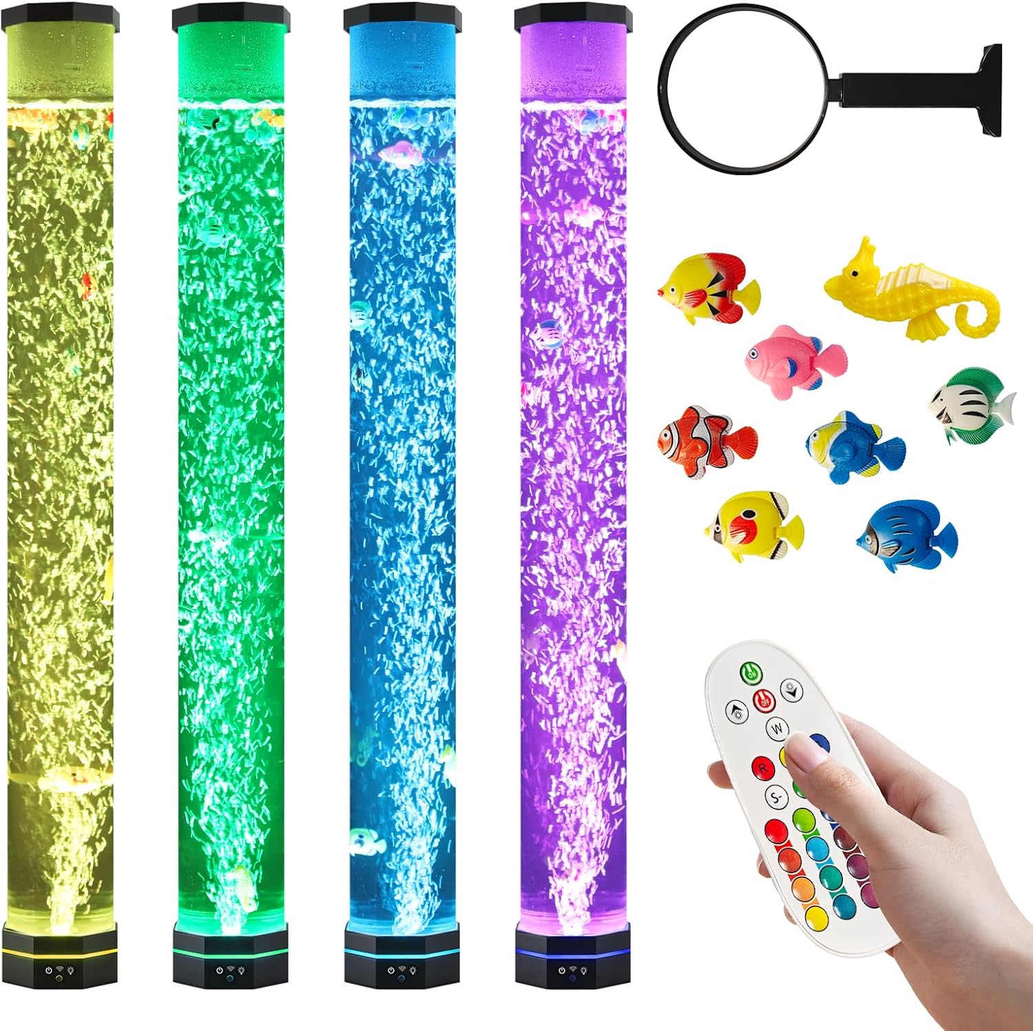 Aquarium sensory bubble tube, 3.6-foot aquarium, equipped with 16 color LED floor lamps, remote control, and 9 artificial fish, children's and adult colored floor lamps, home office decoration (black)