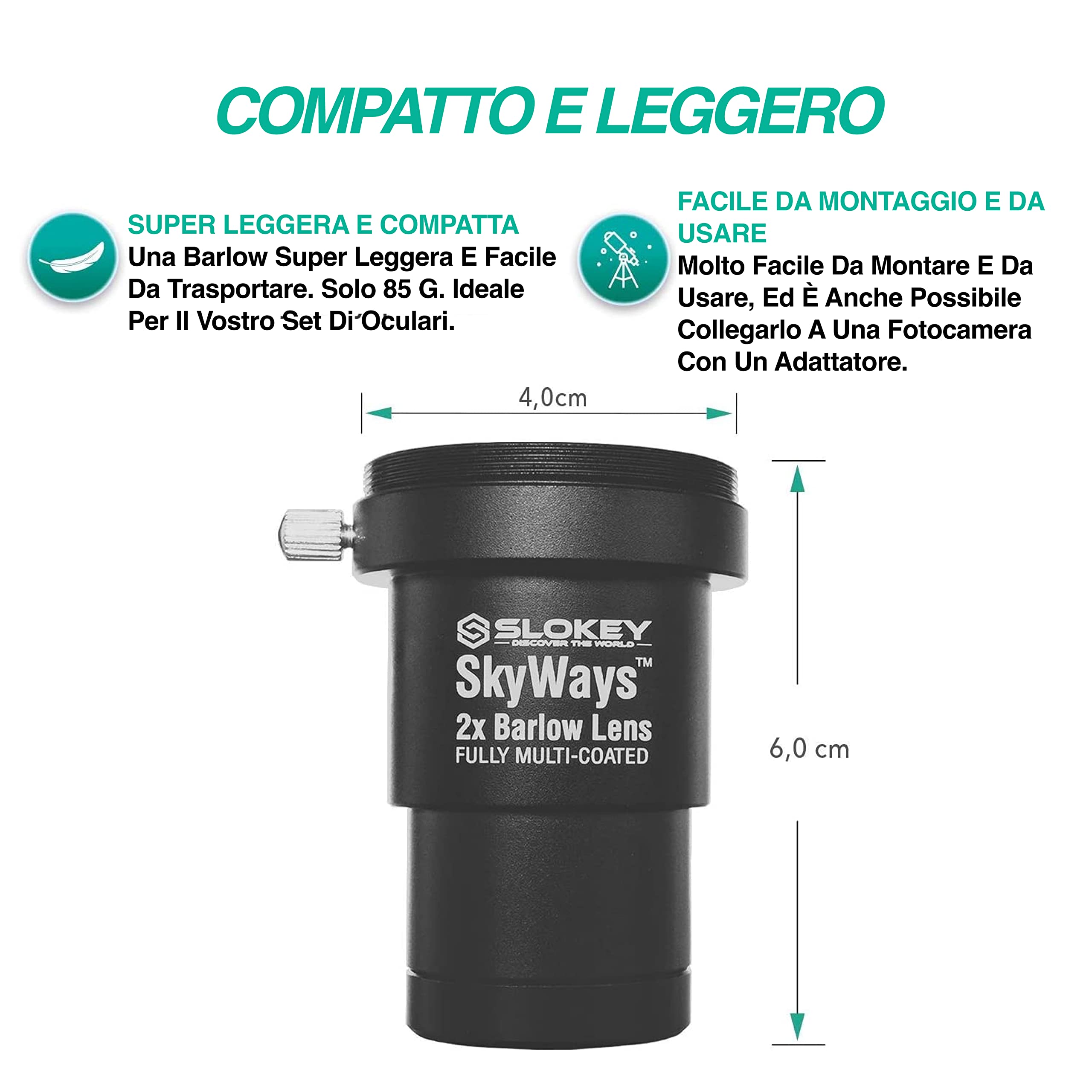 Barlow 2X Pro Slokey SkyWays - Lente acromatica, di qualità ottica, trattata con FMC e antiriflesso per un'immagine nitida e luminosa - Super leggera, compatta e resistente (1,25")