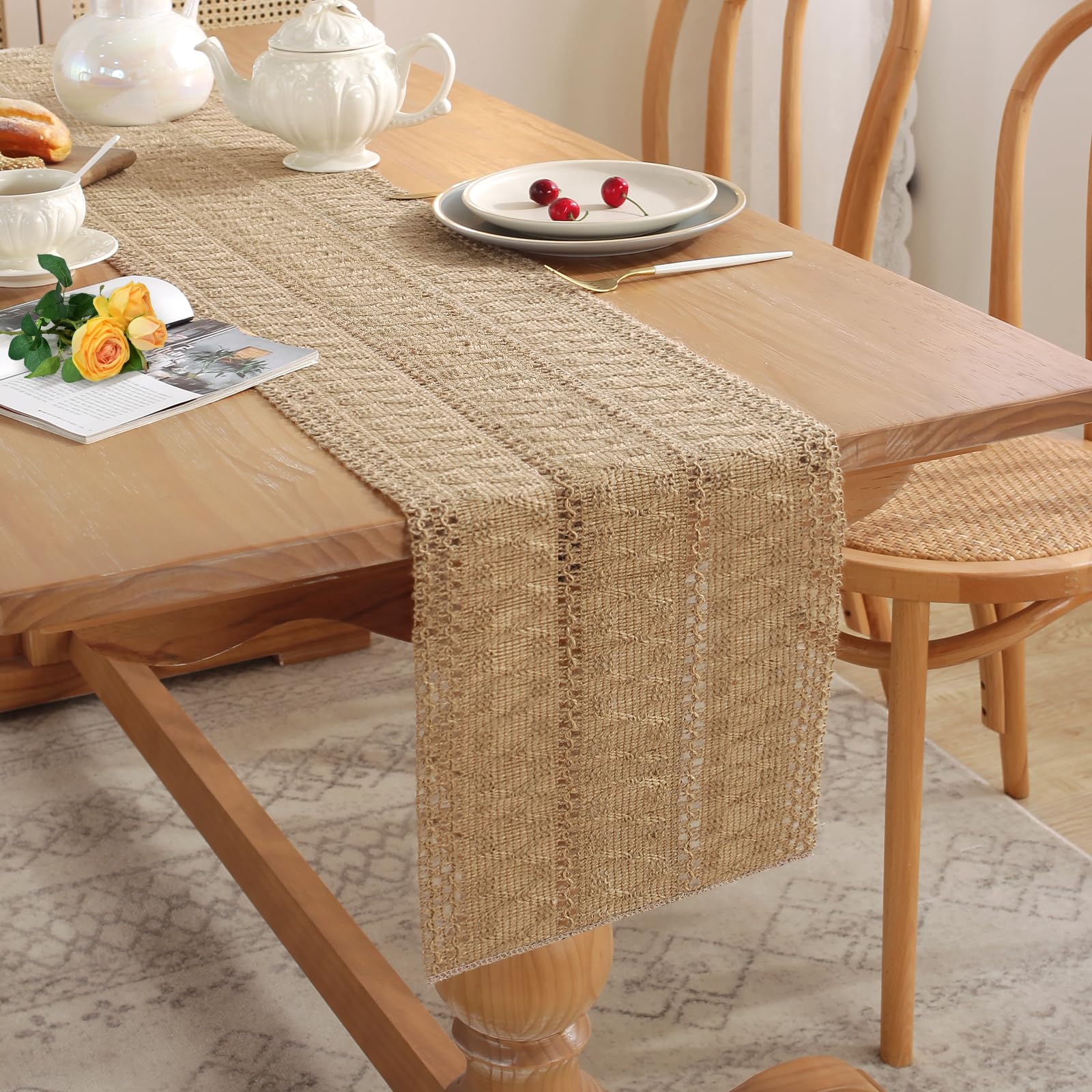 Makramee Tischläufer Boho Chic – 180x30 Cm, Beige Mit Quasten, Handgewebt Aus Baumwolle – Für Esstisch, Hochzeit & Party-Deko