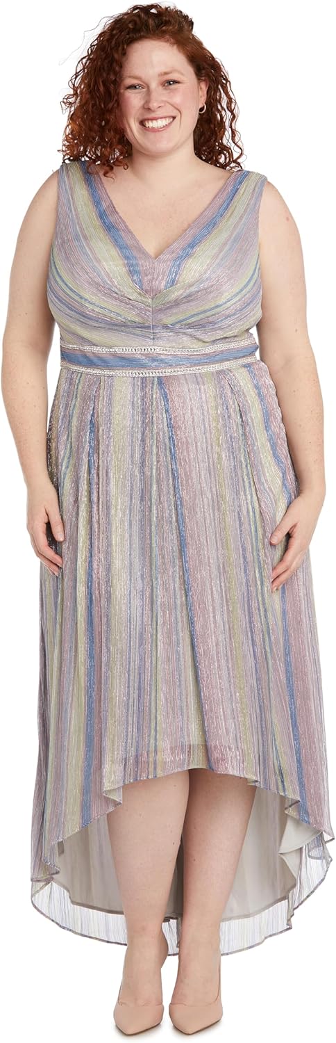 R&M Richards Women's Elegant Metallic Crinkle High-Low Gown | Flowy Sleeveless Evening Dress W/Rhinestone Waistband & V-Neck - Image 4