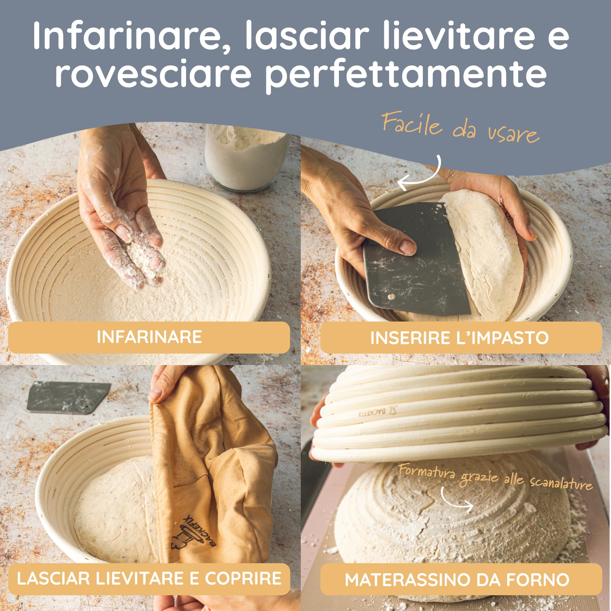 Backefix 500g fino a 1 kg cestino per la lievitazione del pane rotondo piccolo (Ø 23cm) | per un pane perfettamente formato e fatto a mano | Cestino per lievitazione naturale con panno di lino