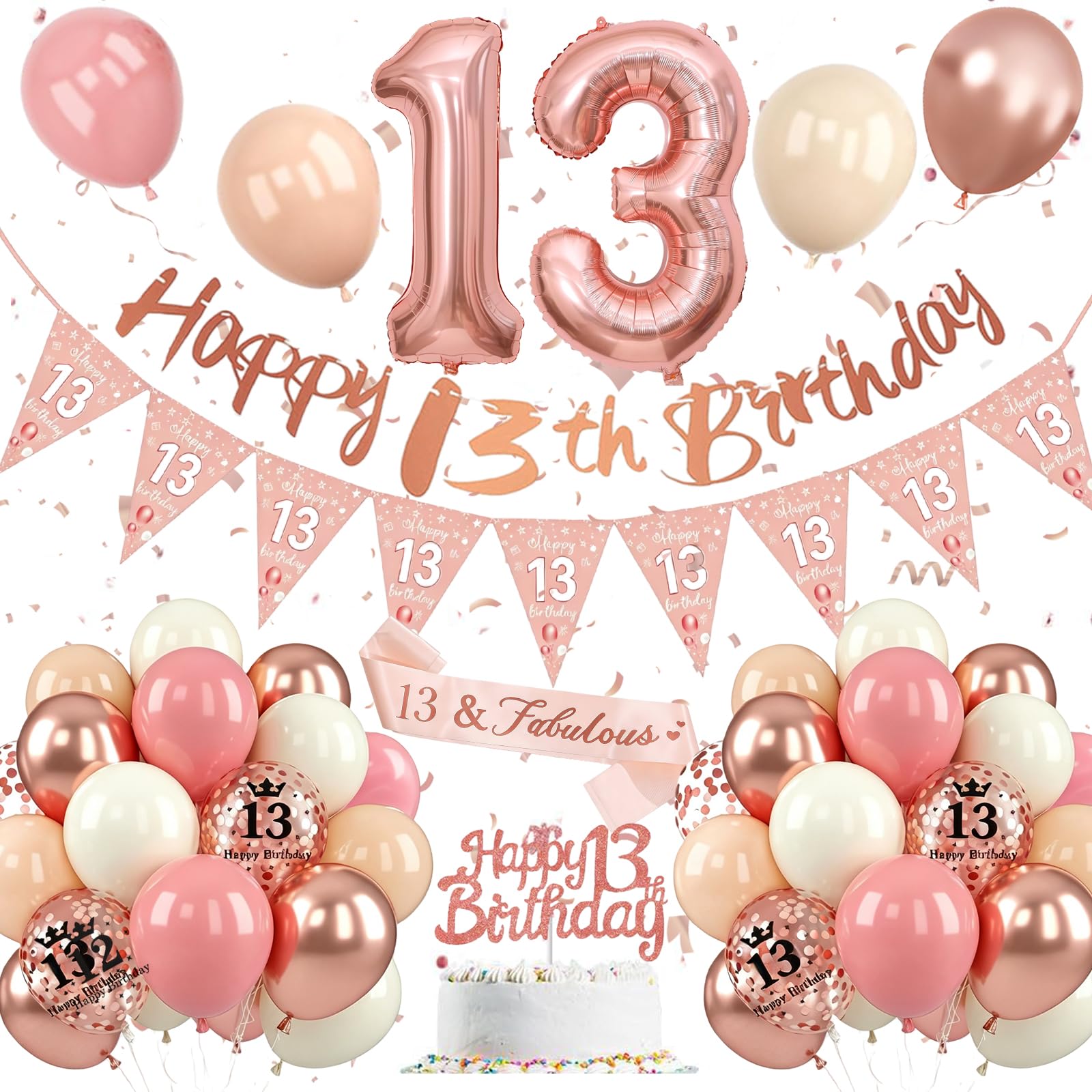 13th Birthday Decoration for Girls,13th Birthday Decoration with Retro Pink Rose Gold Balloons,Happy 13st Banner, Cake Topper, Number 13 Foil Balloons for Girls Party Decoration — image 1