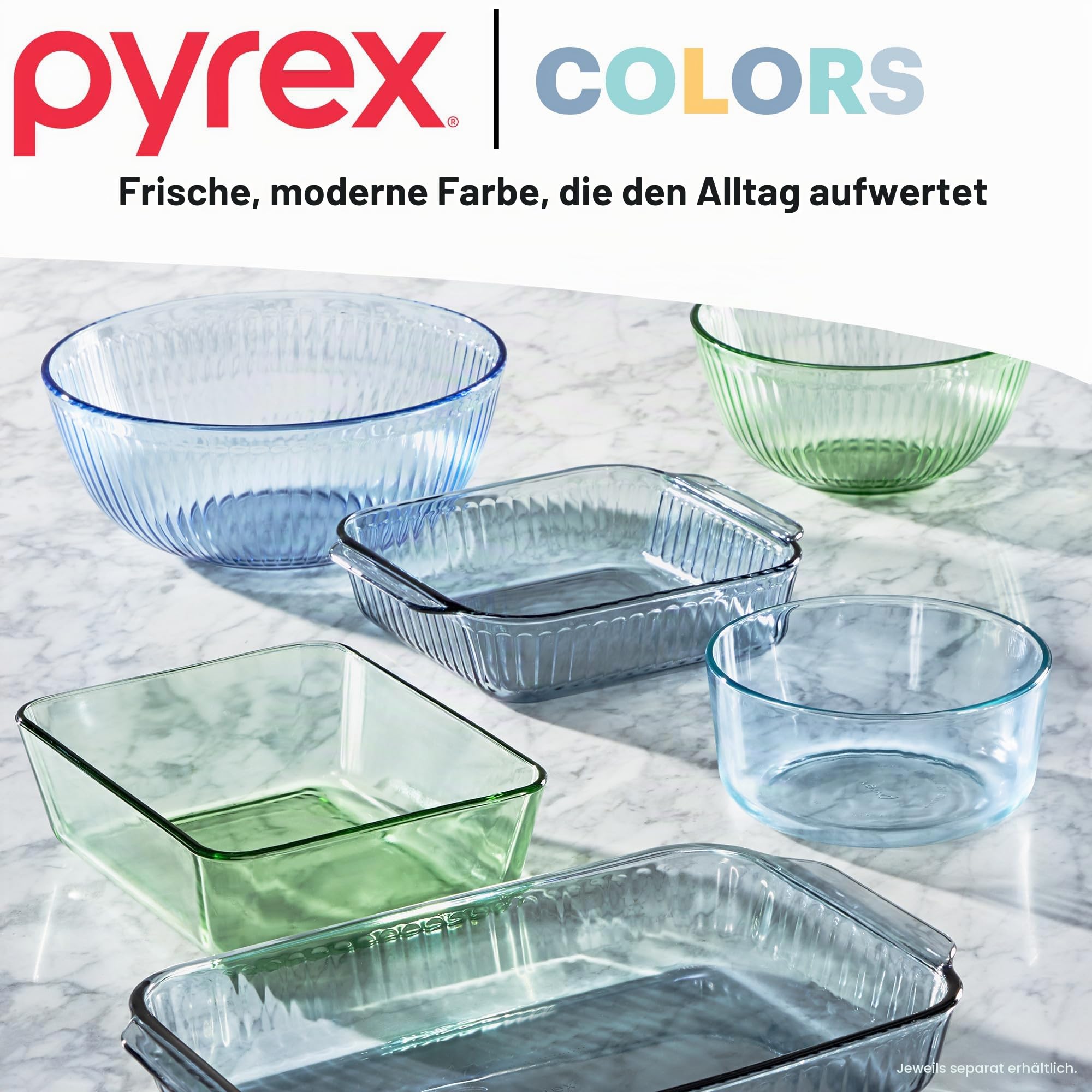 Pyrex Farbig getönte Glas-Rührschüsseln mit Deckel, stapelbar, platzsparendes Set zum Zubereiten und Backen, 2,3 l und 4,5 l, 4 Stück