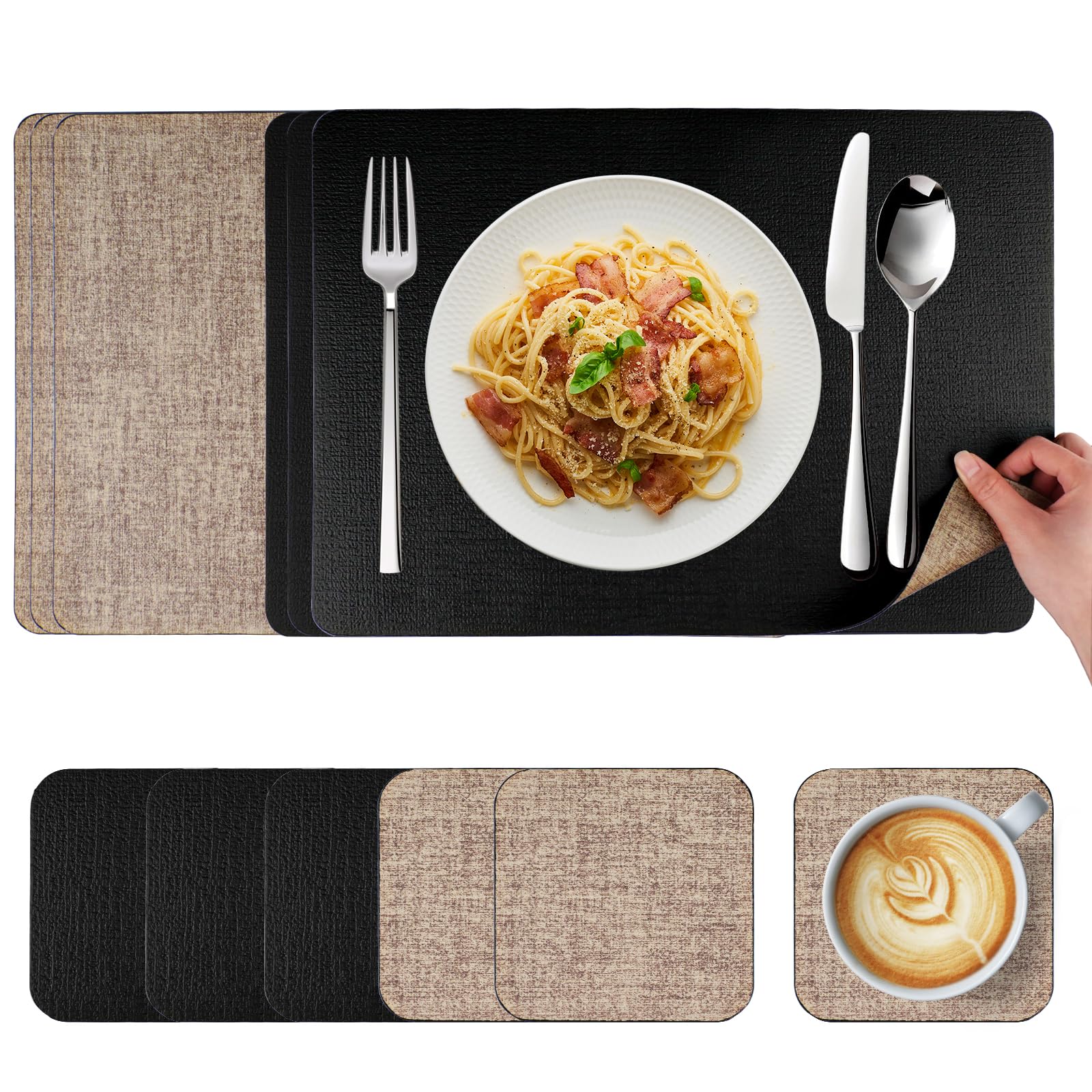 Inodiref Placemats and Coaster Sets 6 Heat-Resistant Table Mats and Coasters Washable and Non-Slip 43 * 30cm Table Mats Set of 6 for Kitchens Restaurants Indoor/Outdoor Parties(Black)