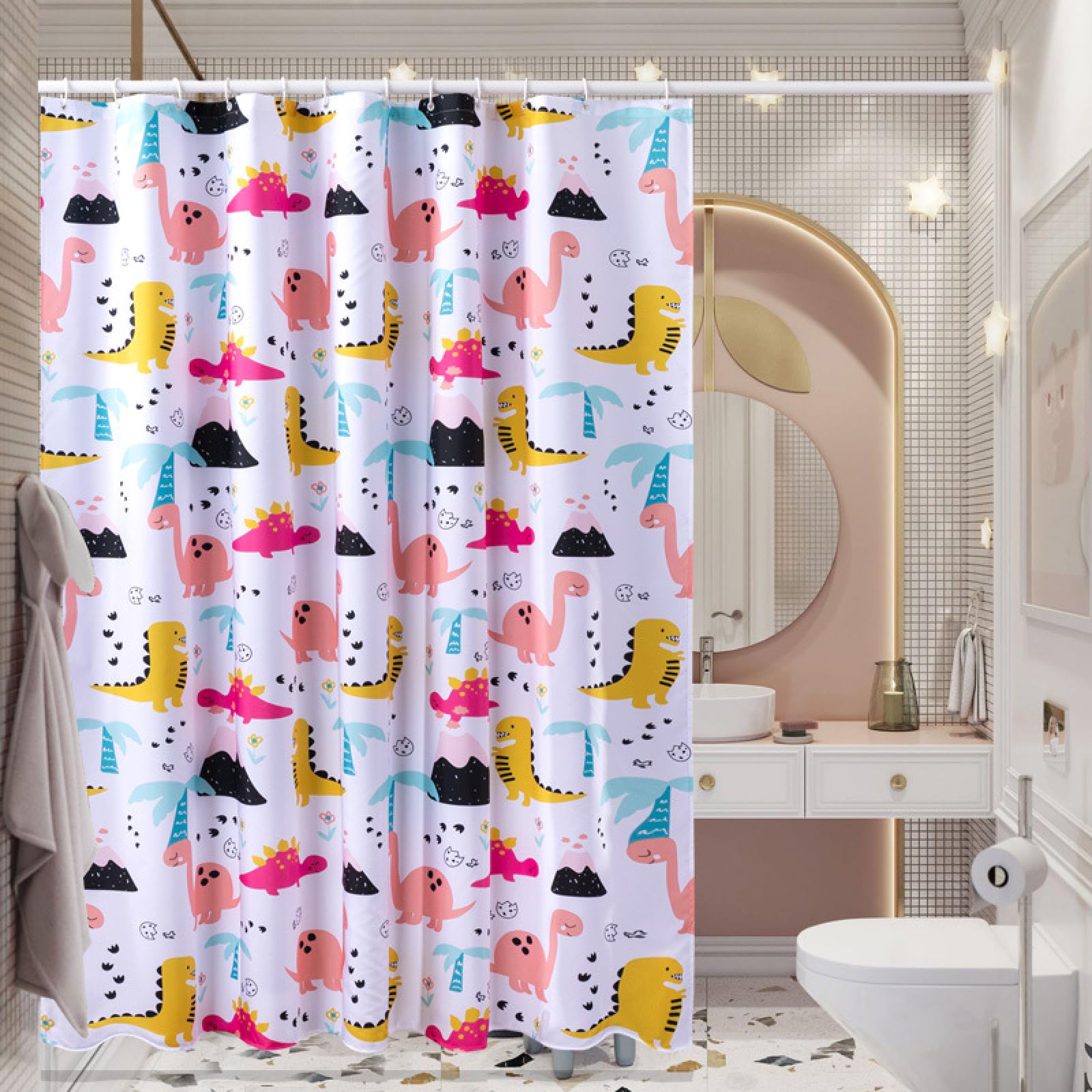 Rideau douche 200X240 dinosaure jaune rose avec 12 crochets inclus
