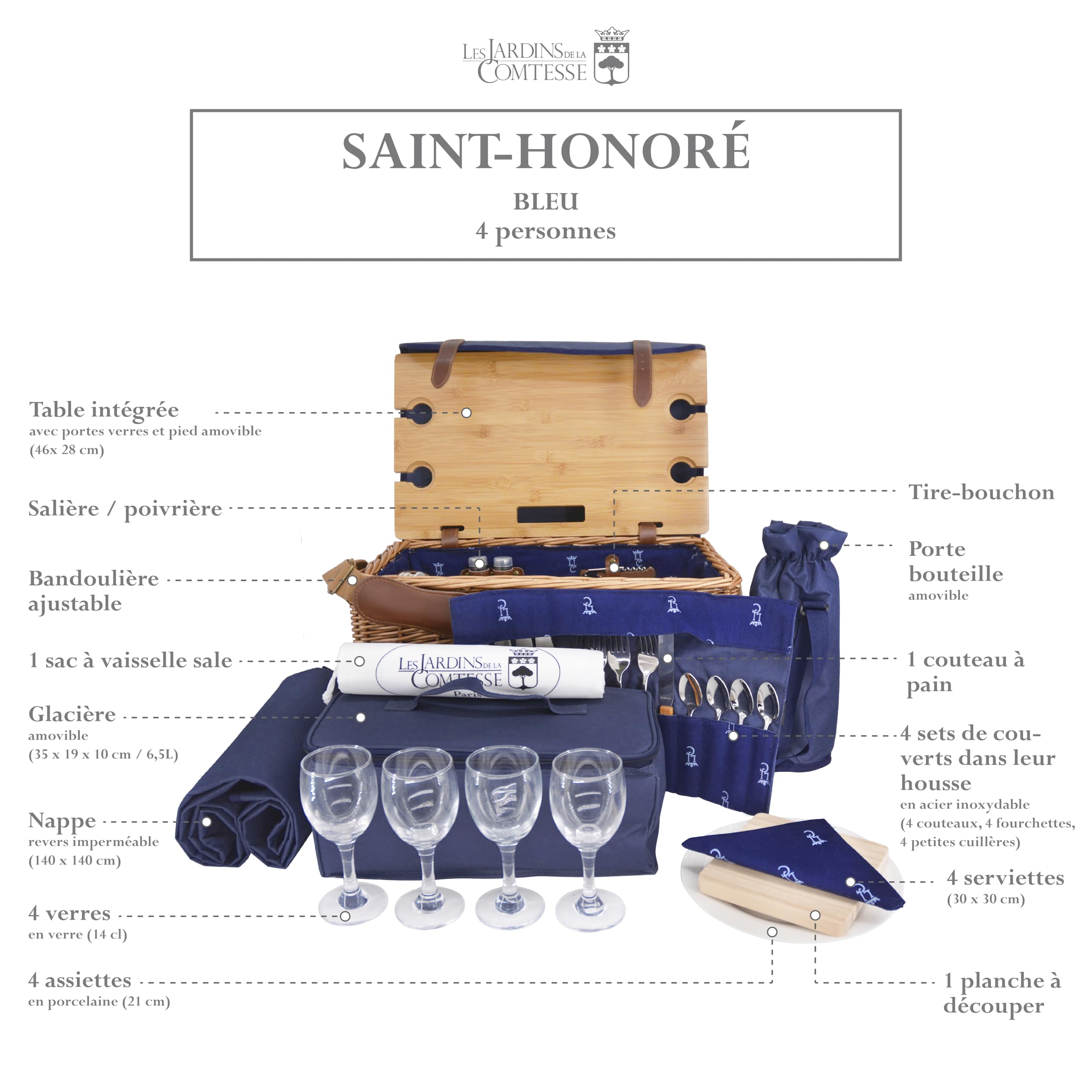 Les Jardins de la Comtesse - Cesta de Picnic Saint Honoré Azul - Cinchas de Cuero - 4 Personas - Nevera Isotermica/Mesa Extraíble - Platos de Cerámica/Copas de Vino en Cristal - 45 x 28 x 28 cm