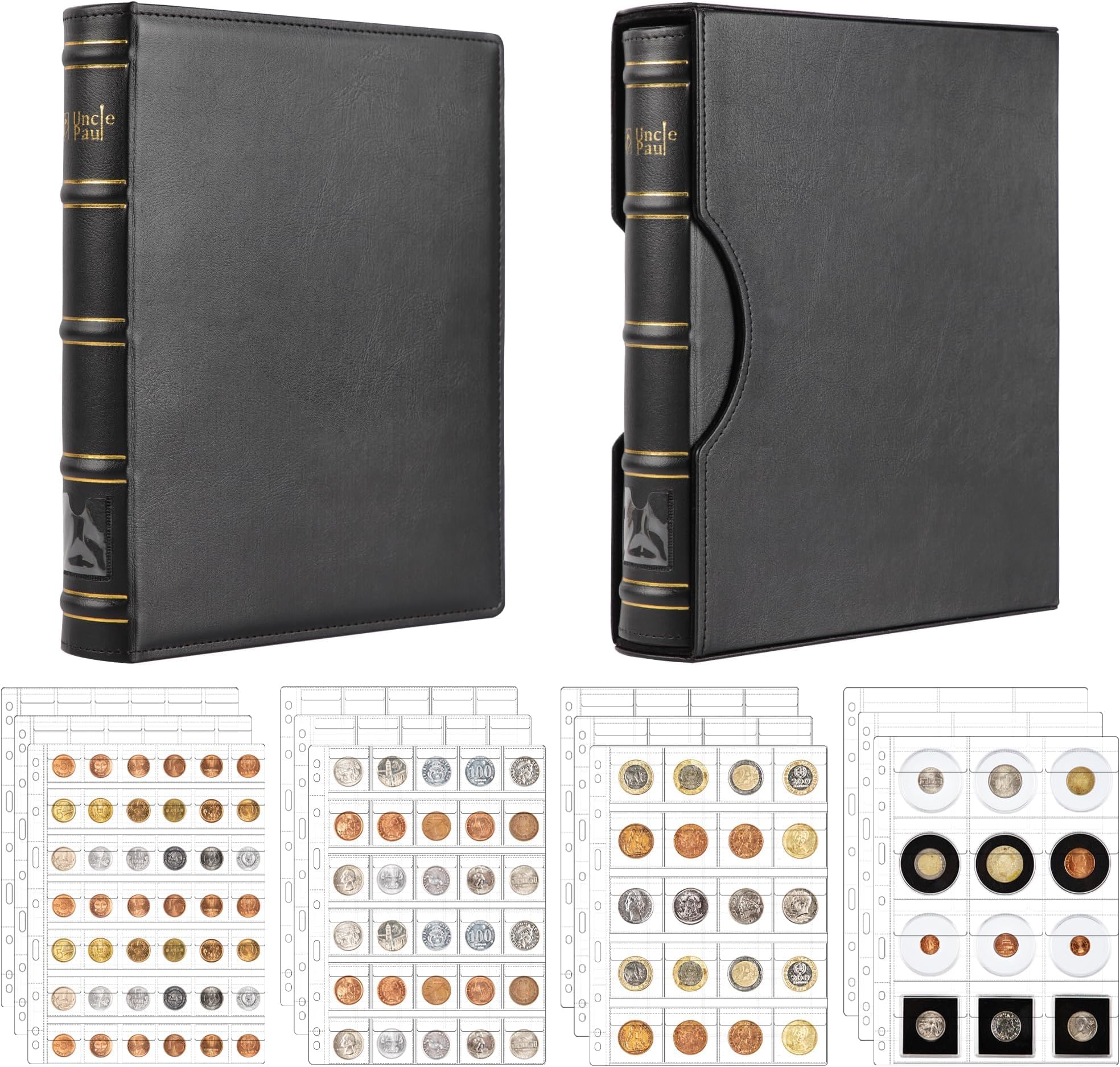 Uncle Paul Binder with Slipcase 4-Ring for Coins/Stamps/Bank Notes/Documents with 12PCS Pocket Pages 9.6x 11.8 BC01