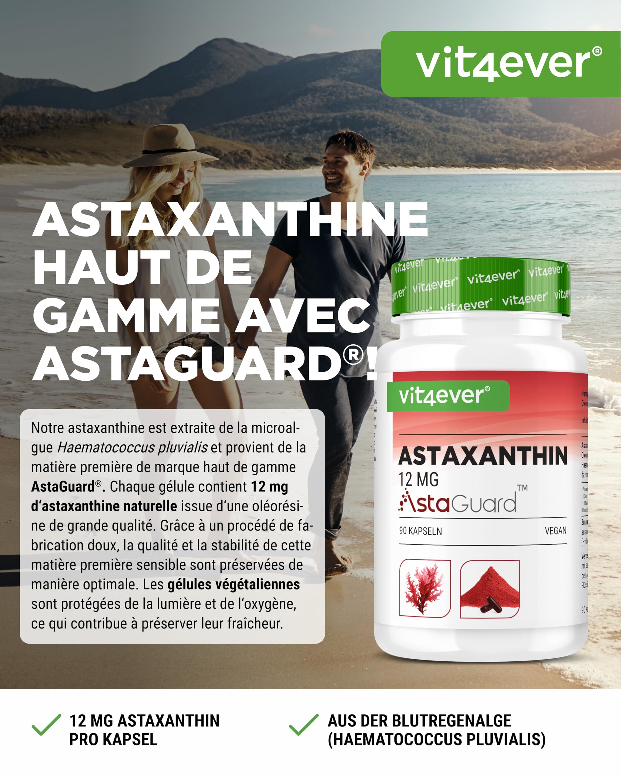 vit4ever Astaxanthine 12 mg AstaGuard® - 90 Gélules Vegan - Hautement Dosé - Réserve de 6 Mois - Oléorésine Premium de Haematococcus pluvialis