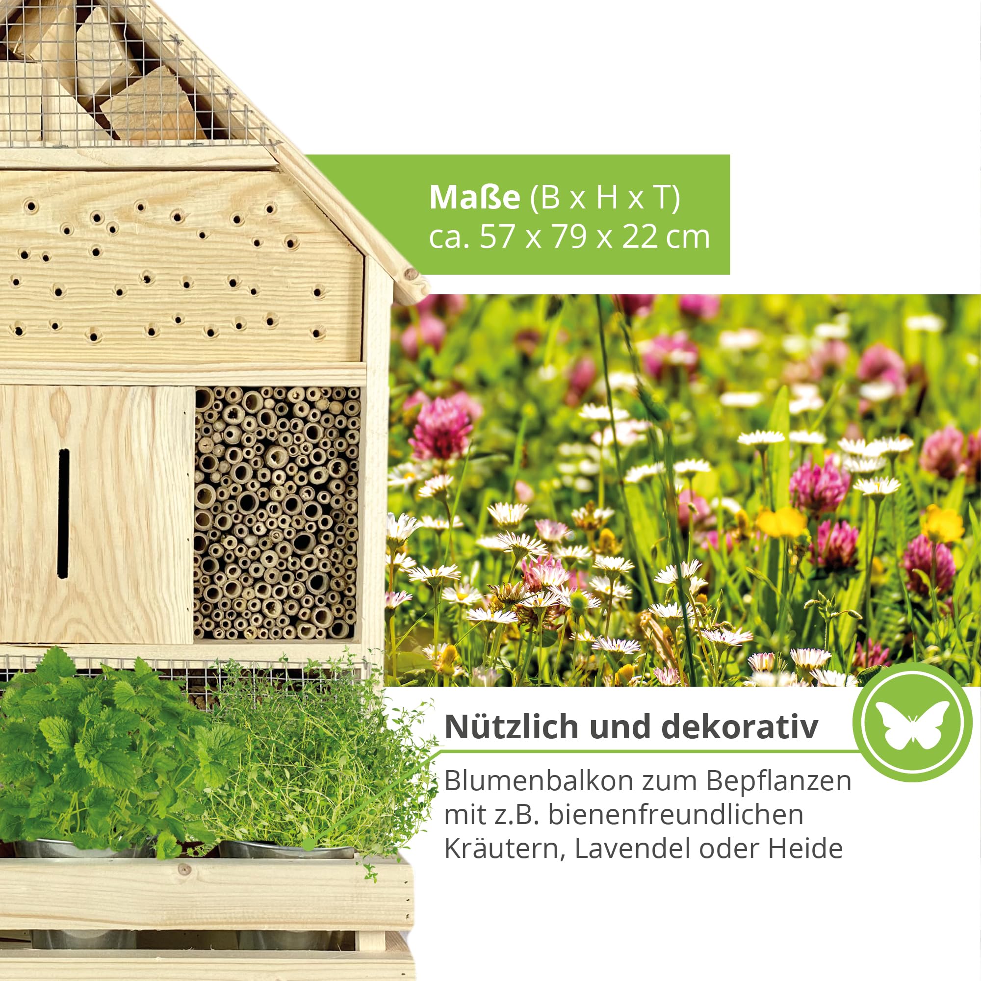 GARTENETAGE Insektenhotel zum Aufhängen XXL mit Pflanzenbalkon/Naturbelassenes, massives Insektenhaus & Bienenhotel/Insektenhotel Groß, Marienkäferhaus/Nisthilfe & Artenschutz