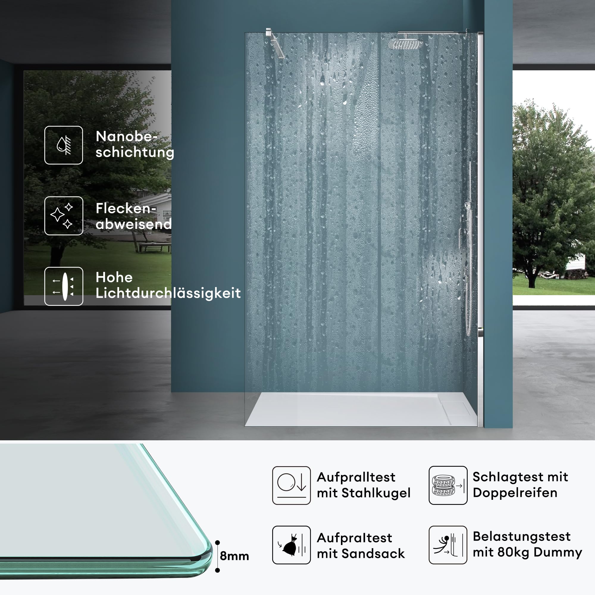 Mai & Mai Duschwand für Dusche Duschabtrennung 140x200cm Walk-In Dusche ESG-Sicherheitsglas 10mm NANO Glas BRAM3 Bremen2K