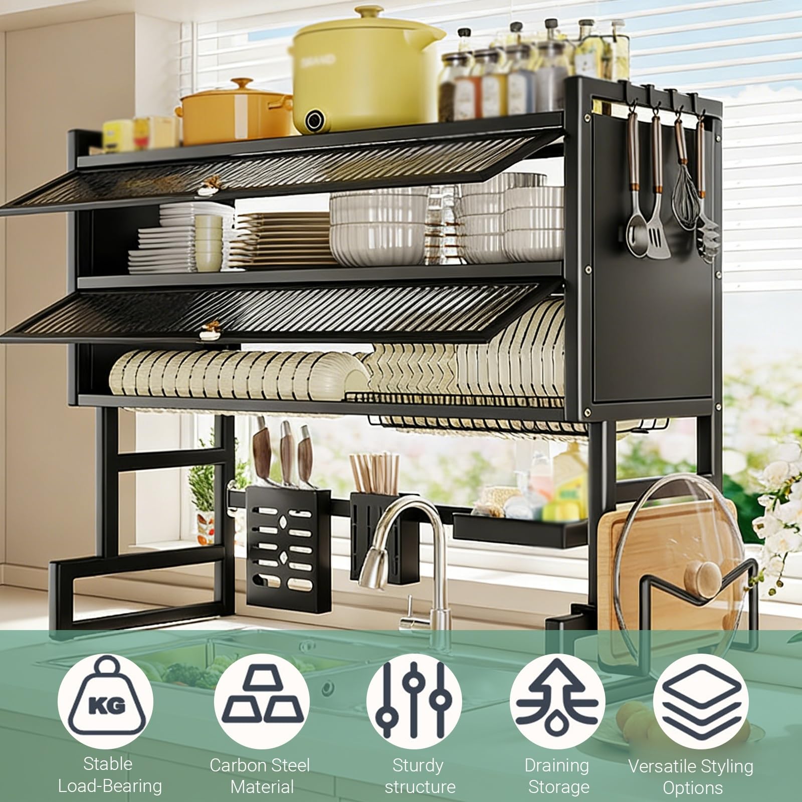 Egouttoir À Vaisselle Au-Dessus De L'évier Égouttoir À Vaisselle Au-Dessus De L'évier – Étagère De Rangement Organiseurs Rangement Cuisine(White,95cm/37in)