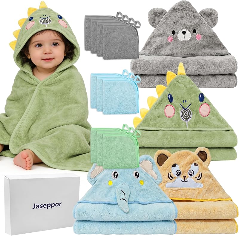 Juego de 14 toallas de baño para bebé, 4 toallas con capucha para bebé y 10 toallitas | Toallas gruesas y ultra absorbentes para recién nacidos, bebés, niños pequeños de 0 a 5 años, suaves para niños y niñas