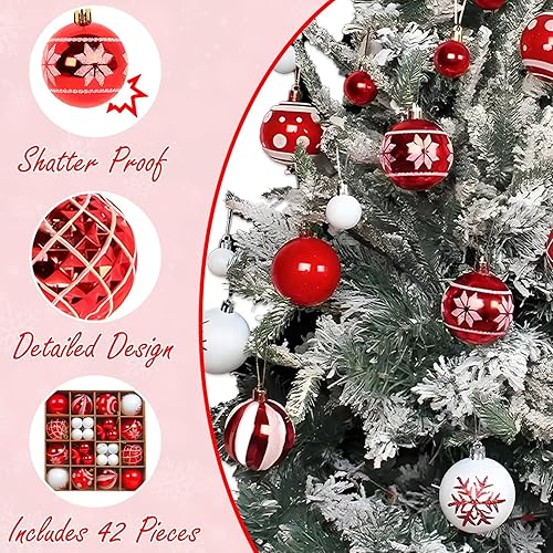 Miniatura 5 de Juego de adornos para árbol de Navidad, 42 piezas, adornos de Navidad inastillables, bolas blancas y rojas para decoración del árbol de Navidad,