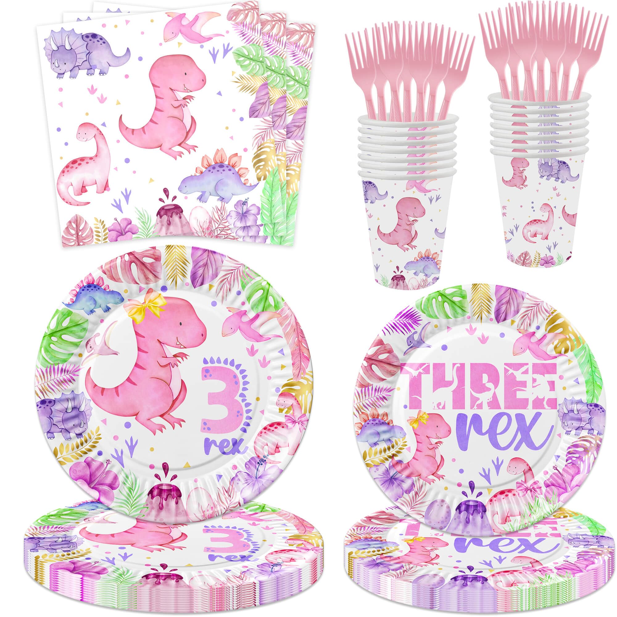 LetDec Pink Dinosaur 3rd Birthday Party Supplies - 100 Pcs - Plates, Cups, Napkins, Forks - T-Rex Theme - Girls 3 Years Old